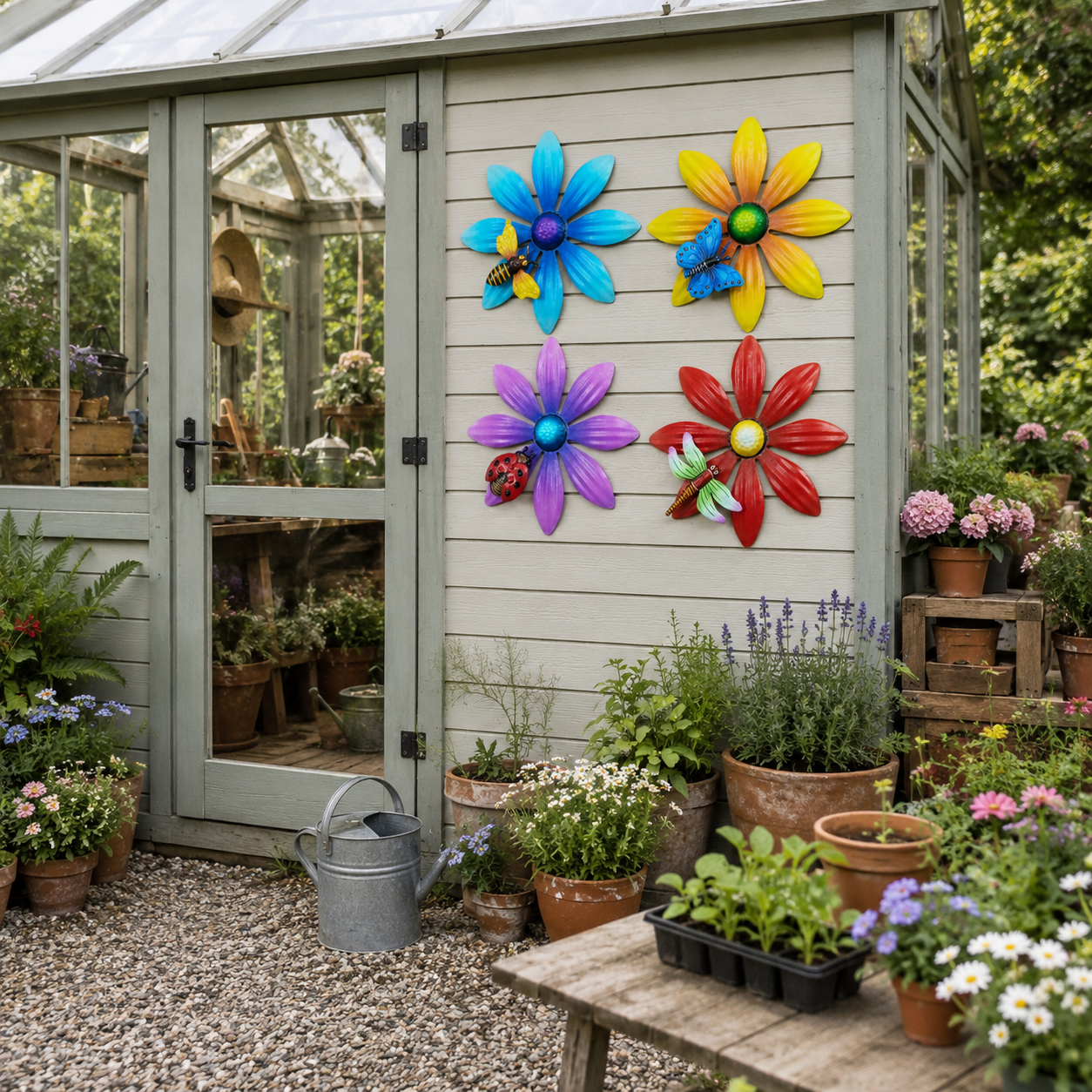 4-Piece Metal Flower Wall Decor Set – Colorful Garden Wall Art with Bee, Butterfly & Dragonfly Accents