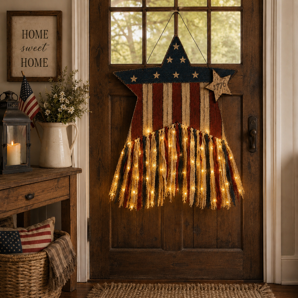 Remote-Controlled Lighted Patriotic Star Door Hanger with Fabric Tassels