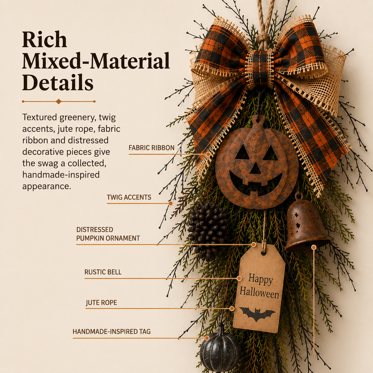 Rustic Halloween Pumpkin Door Swag – Plaid Bow & Bell Hanging Décor