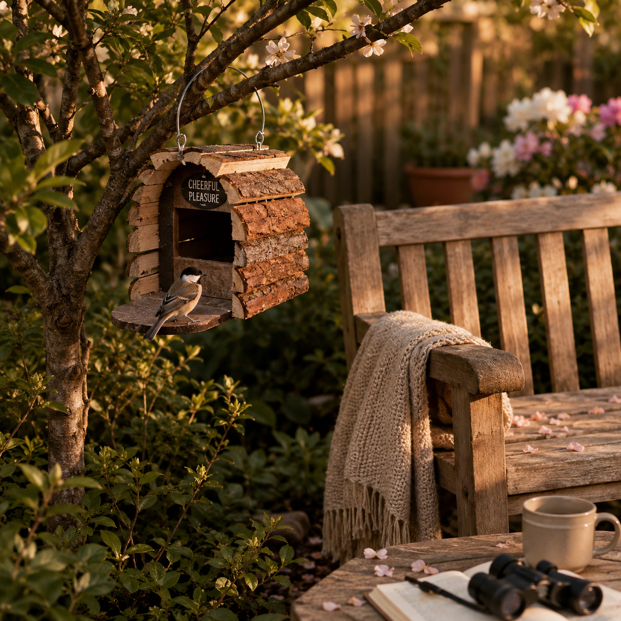 Rustic Hanging Wooden Birdhouse with Natural Bark Roof – Outdoor Garden Bird Nest Box