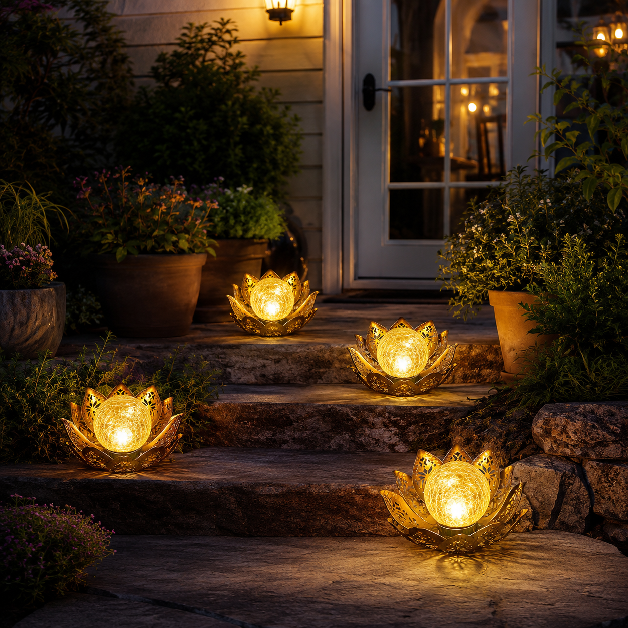 Solar Lotus Garden Light with Crackle Glass Globe