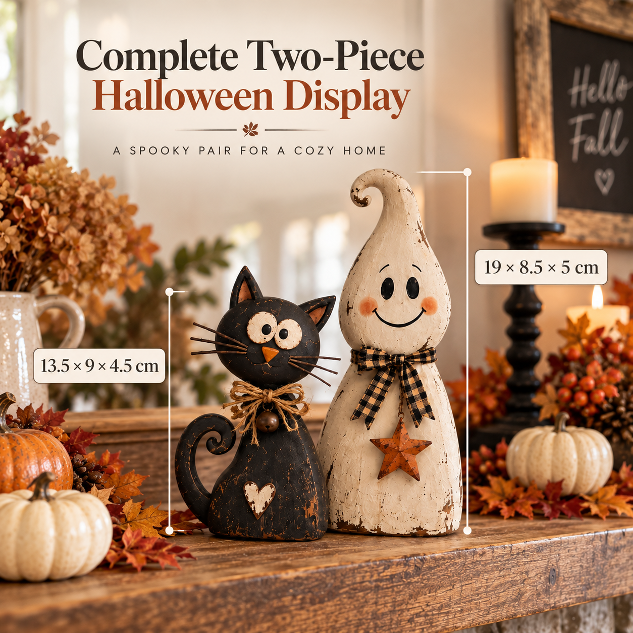 Vintage Ghost & Black Cat Halloween Figurine Set