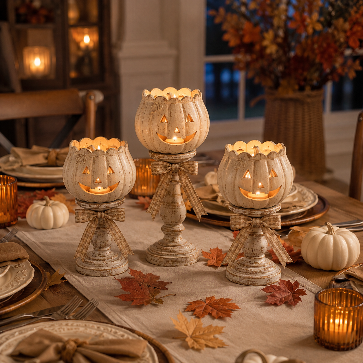 Harvest Glow White Pumpkin Pedestal Tealight Holders – Set of 3