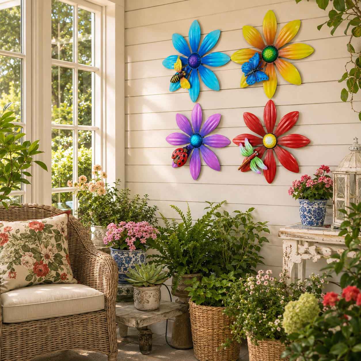 4-Piece Metal Flower Wall Decor Set – Colorful Garden Wall Art with Bee, Butterfly & Dragonfly Accents
