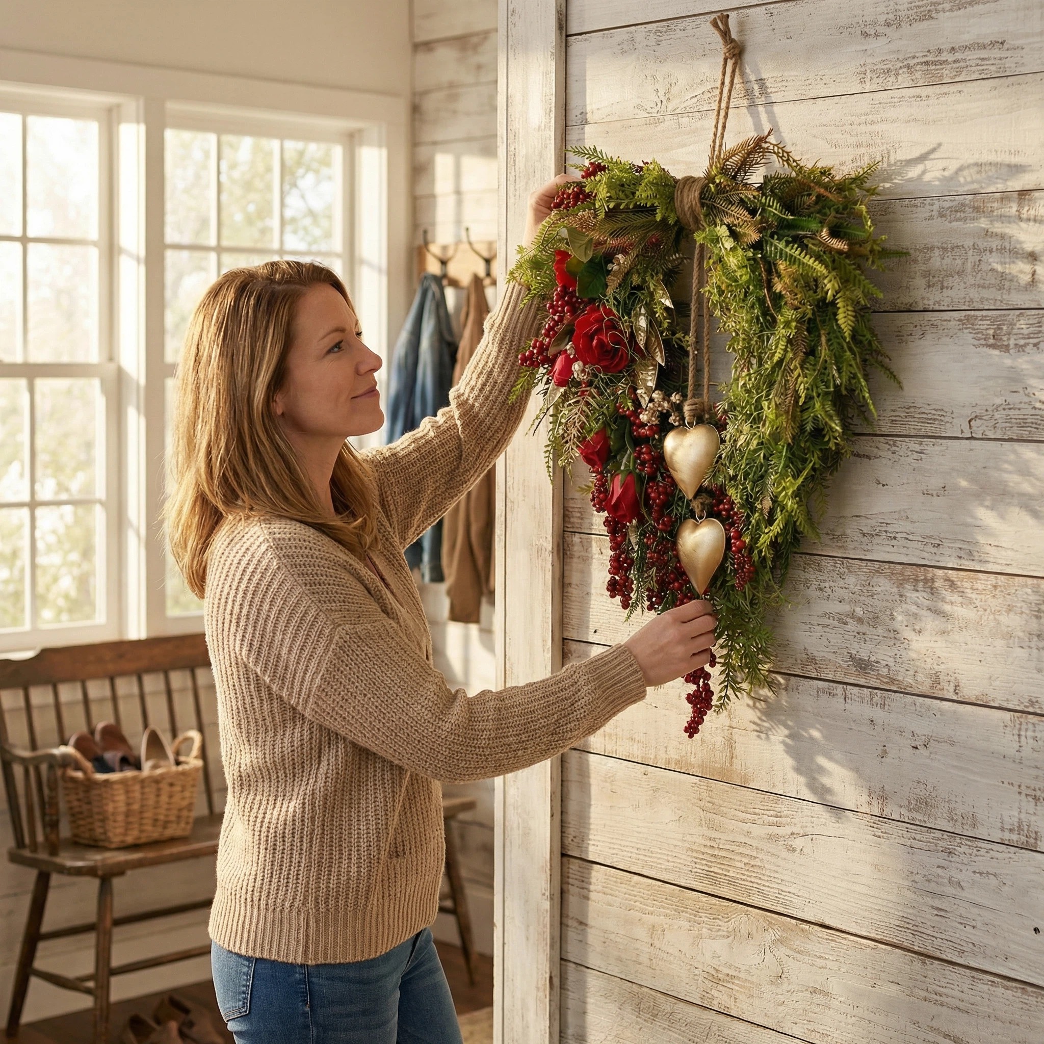 Farmhouse Valentine Heart Wreath with Gold Heart Bells, Red Roses & Berry Greenery (18" x 25")