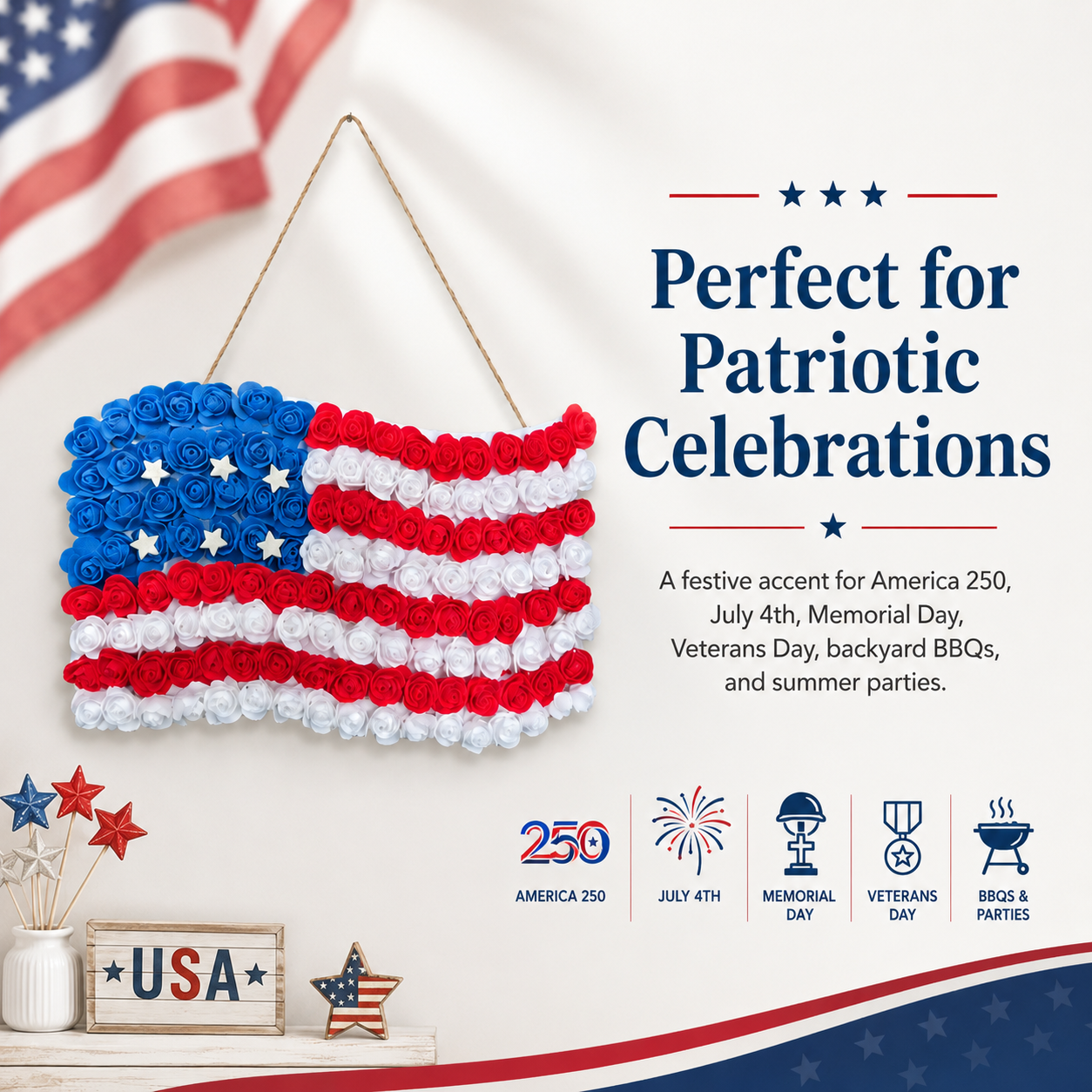 3D Floral American Flag Hanging Decor for July 4th & America 250