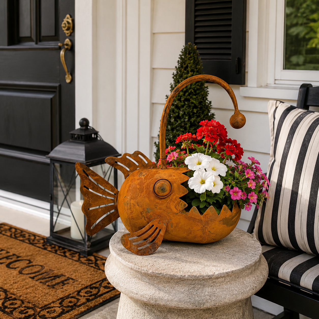 Vintage Metal Anglerfish Planter – Rustic Big Mouth Fish Flower Pot