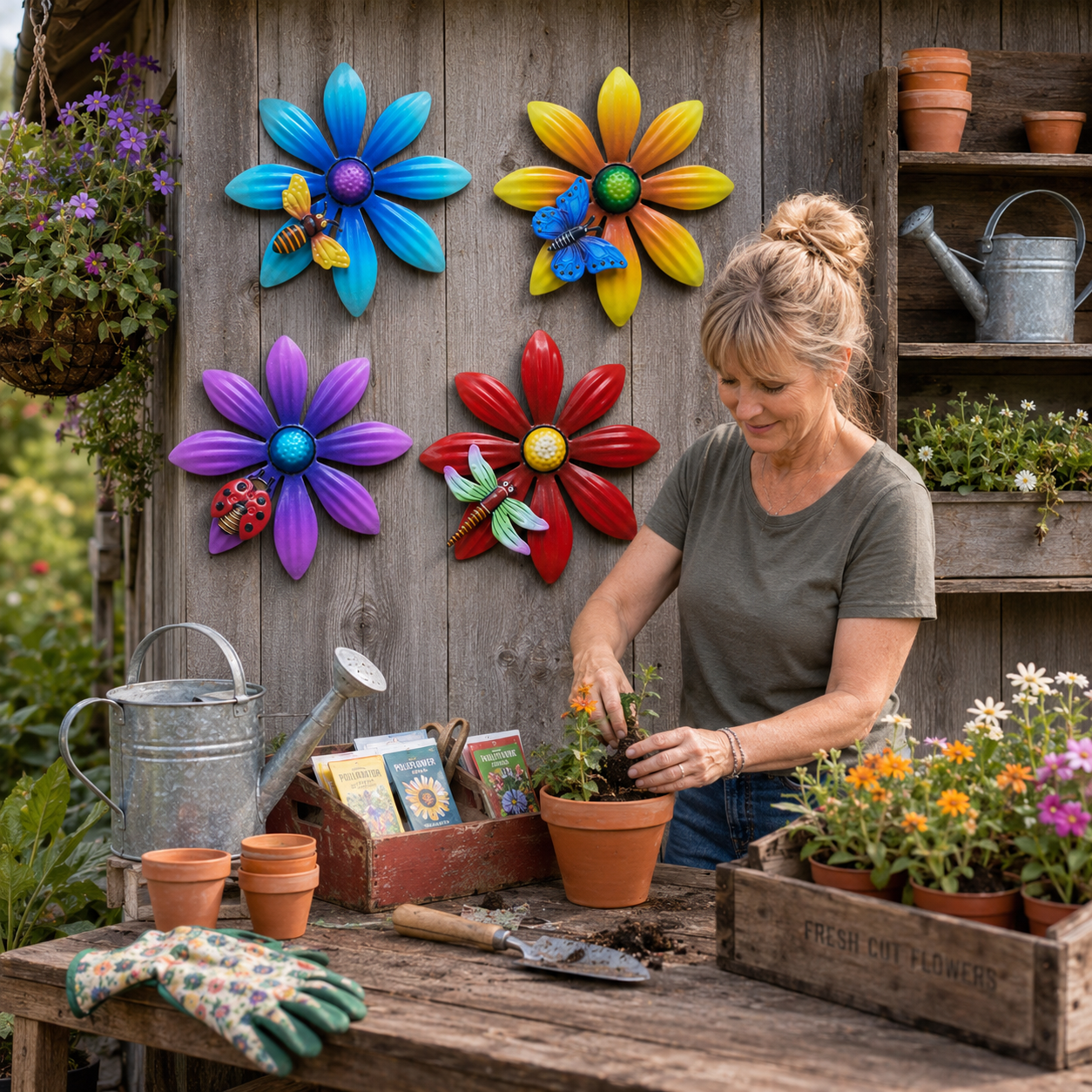 4-Piece Metal Flower Wall Decor Set – Colorful Garden Wall Art with Bee, Butterfly & Dragonfly Accents