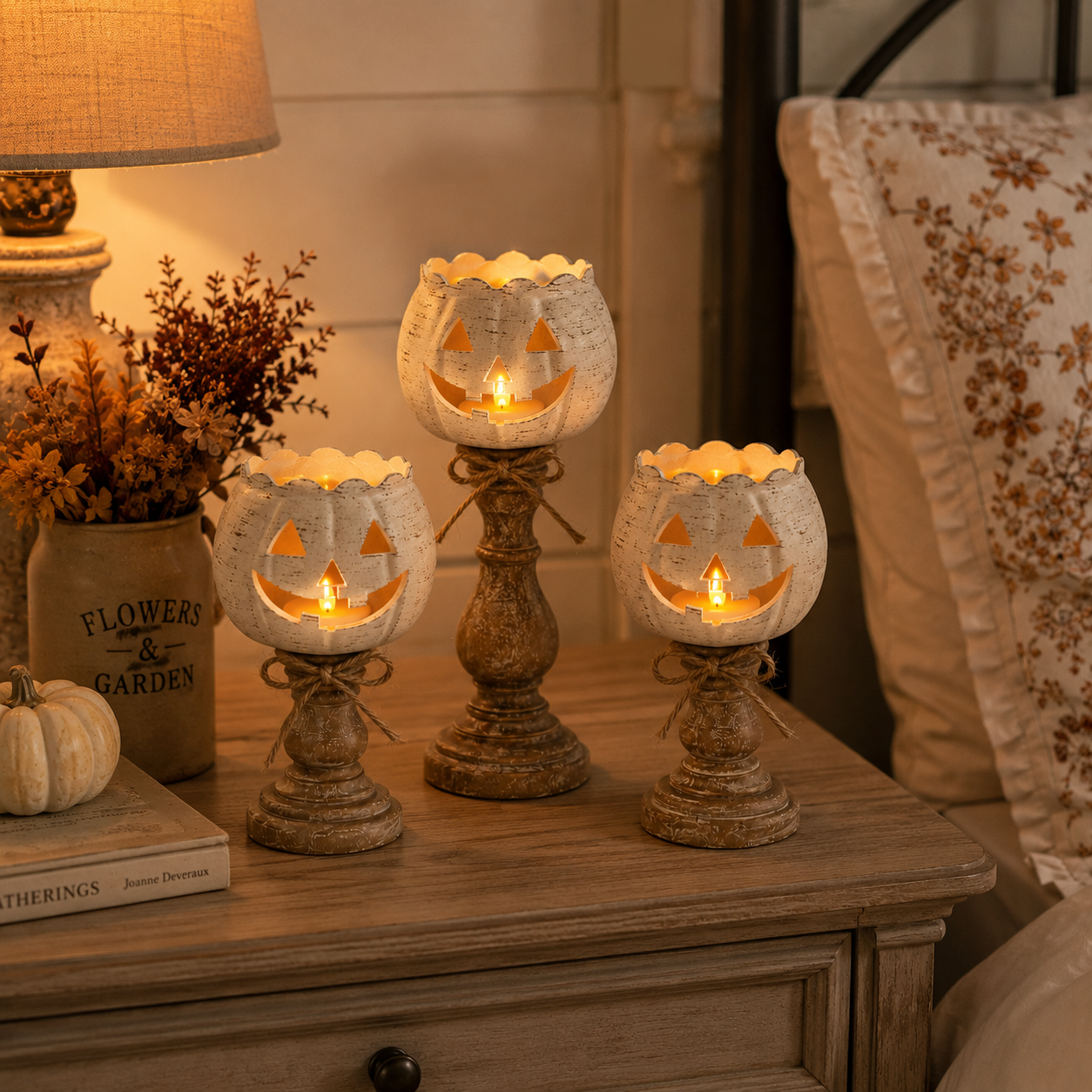 Rustic White Pumpkin Tealight Candle Holder Set of 3