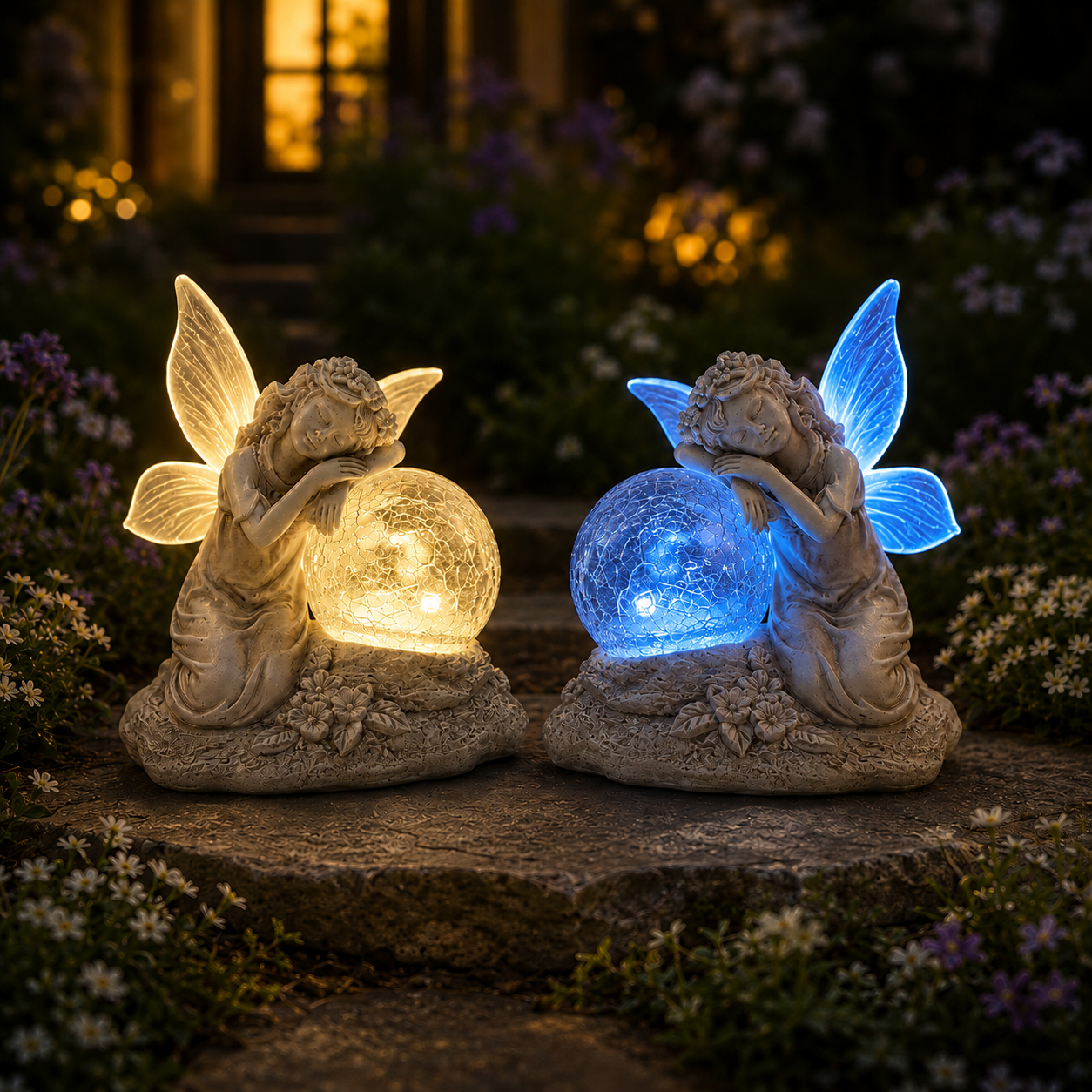 Solar-powered color-changing fairy statue