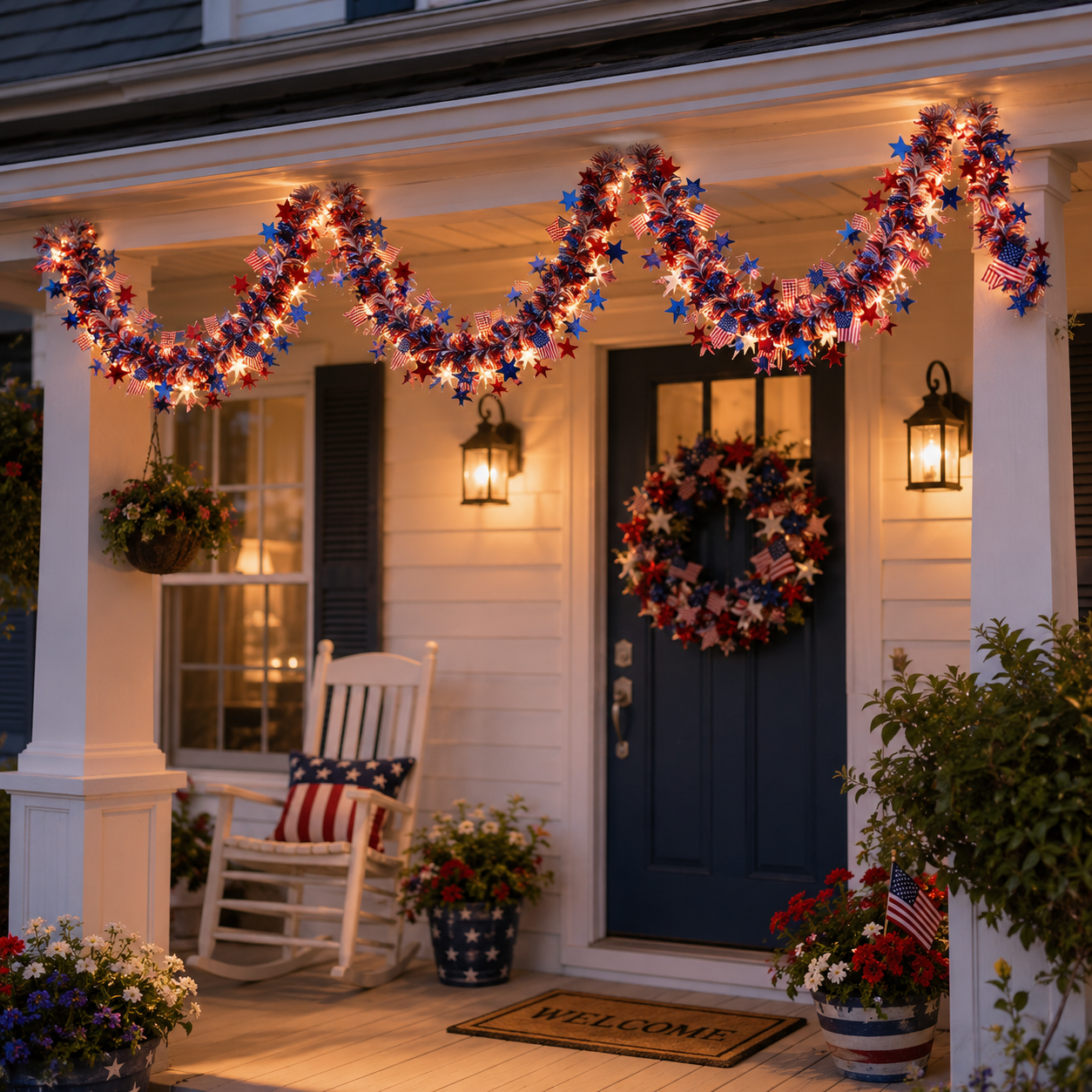 Lighted Patriotic Star & American Flag Garland with Remote Control
