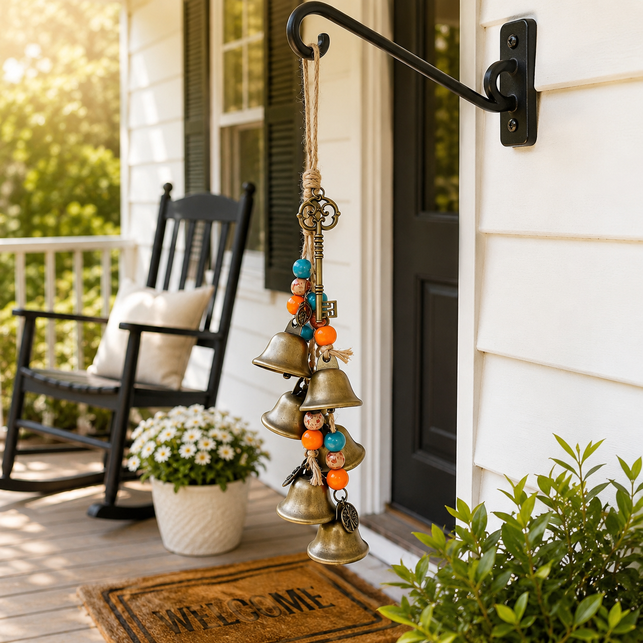 Rustic Bell Wind Chime with Vintage Key & Colorful Beads