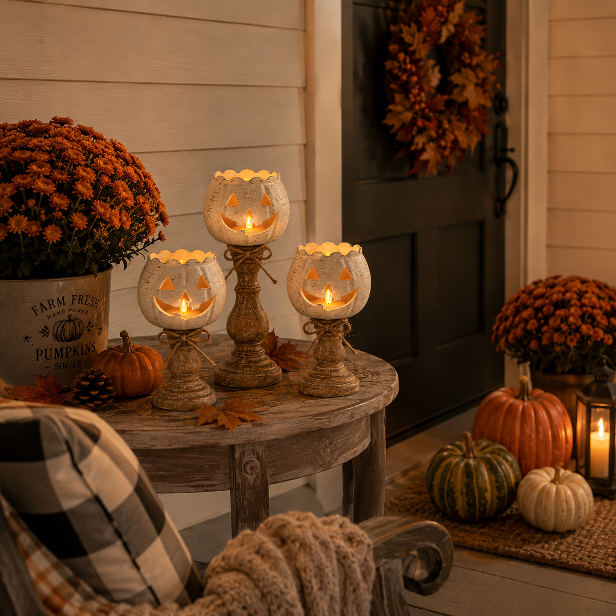 Rustic White Pumpkin Tealight Candle Holder Set of 3
