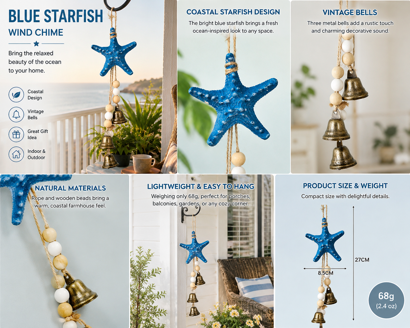 Blue Starfish Coastal Wind Chime with Bells
