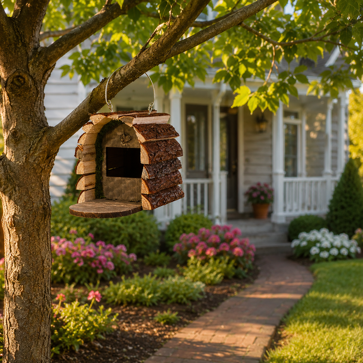 Rustic Hanging Wooden Birdhouse with Natural Bark Roof – Outdoor Garden Bird Nest Box