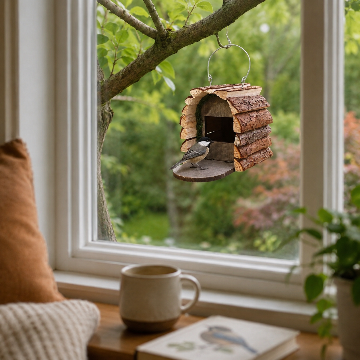 Rustic Hanging Wooden Birdhouse with Natural Bark Roof – Outdoor Garden Bird Nest Box