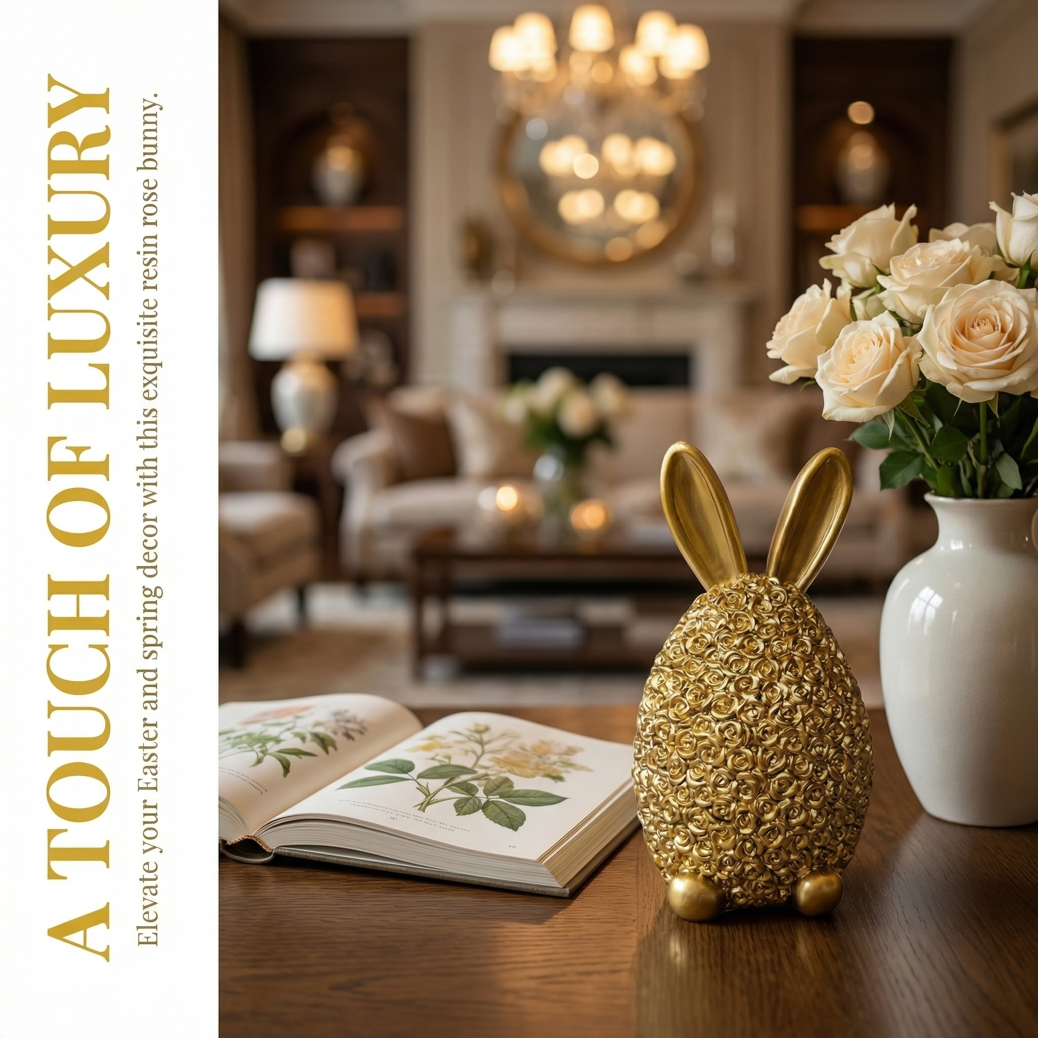 Easter Rose Bunny Night Light – Elegant Resin Rabbit Decor for Spring Home