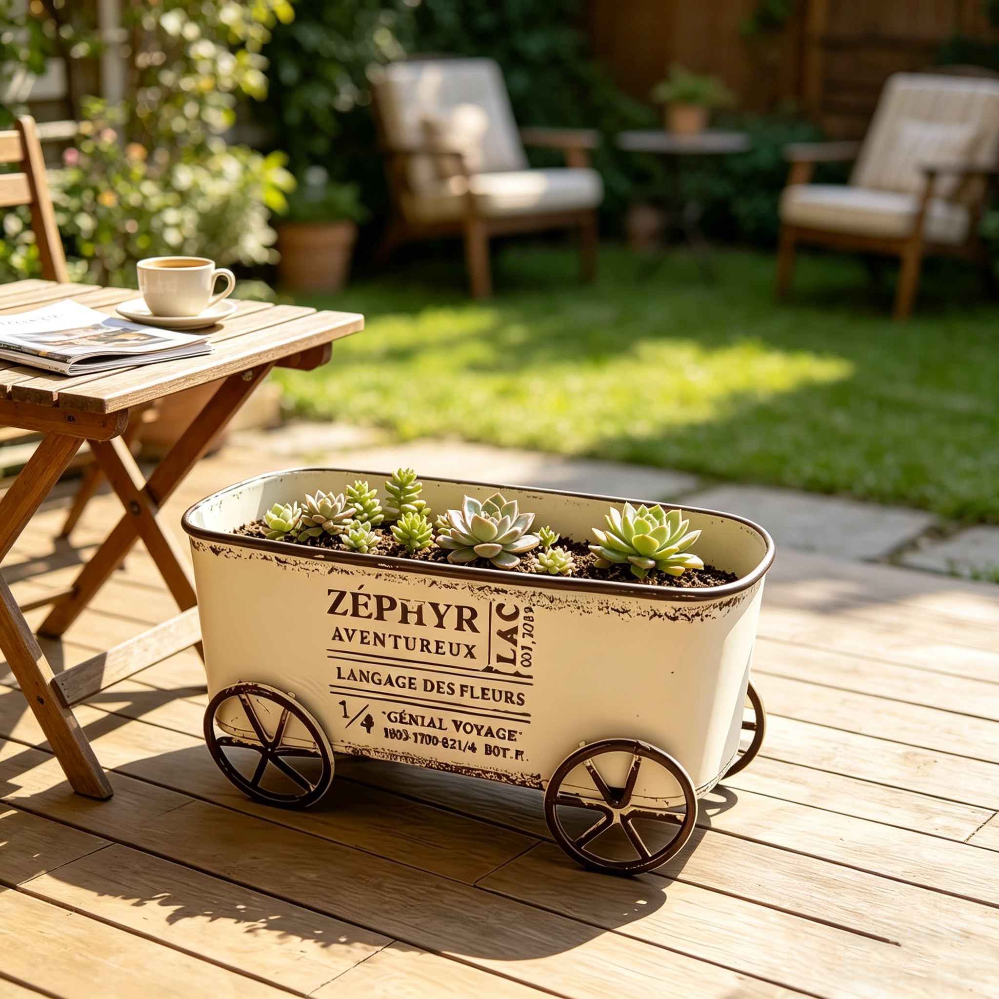 Retro Wrought Iron Four-Wheel Planter Cart