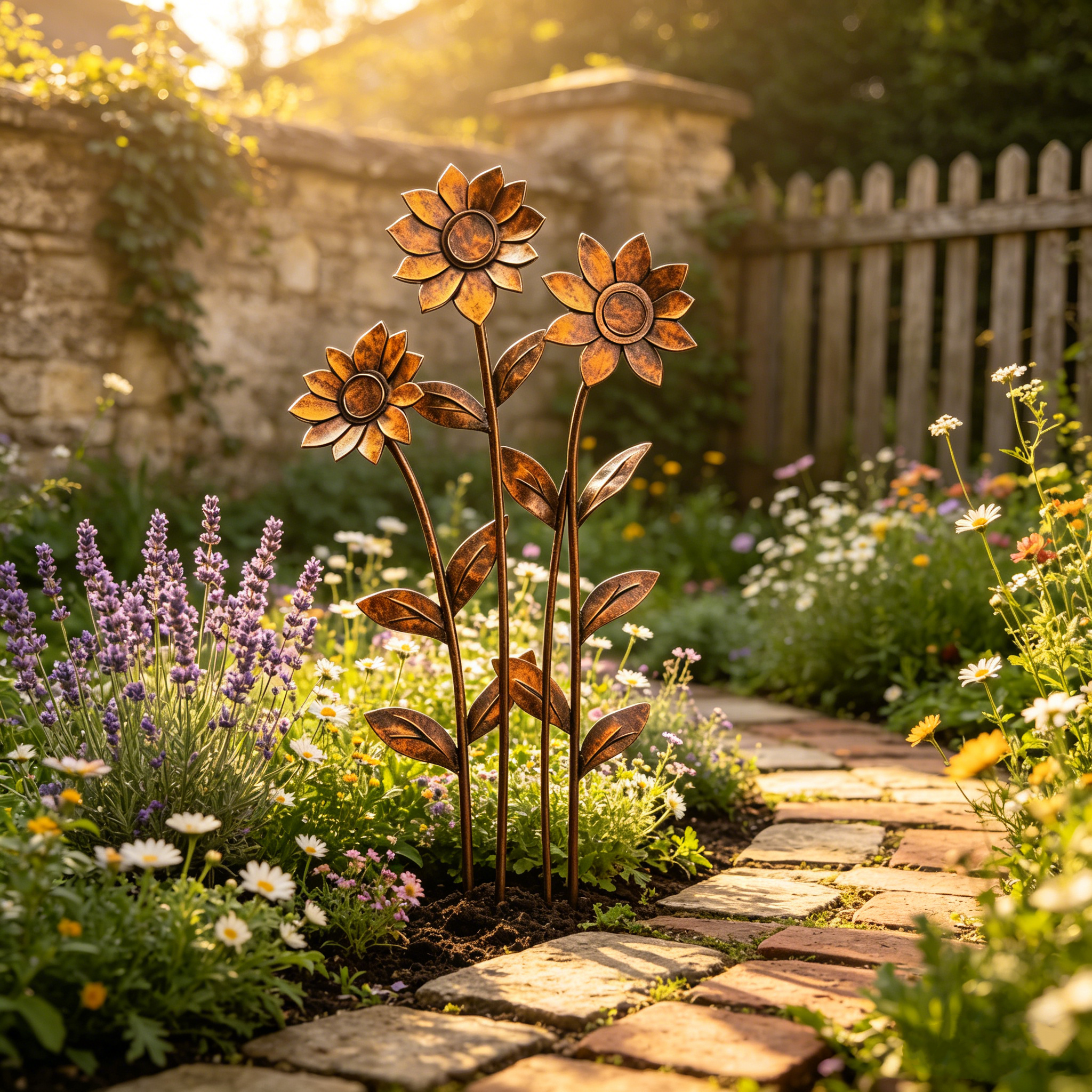 Triple Rustic Sunflower Metal Garden Sculpture – Garden Stake
