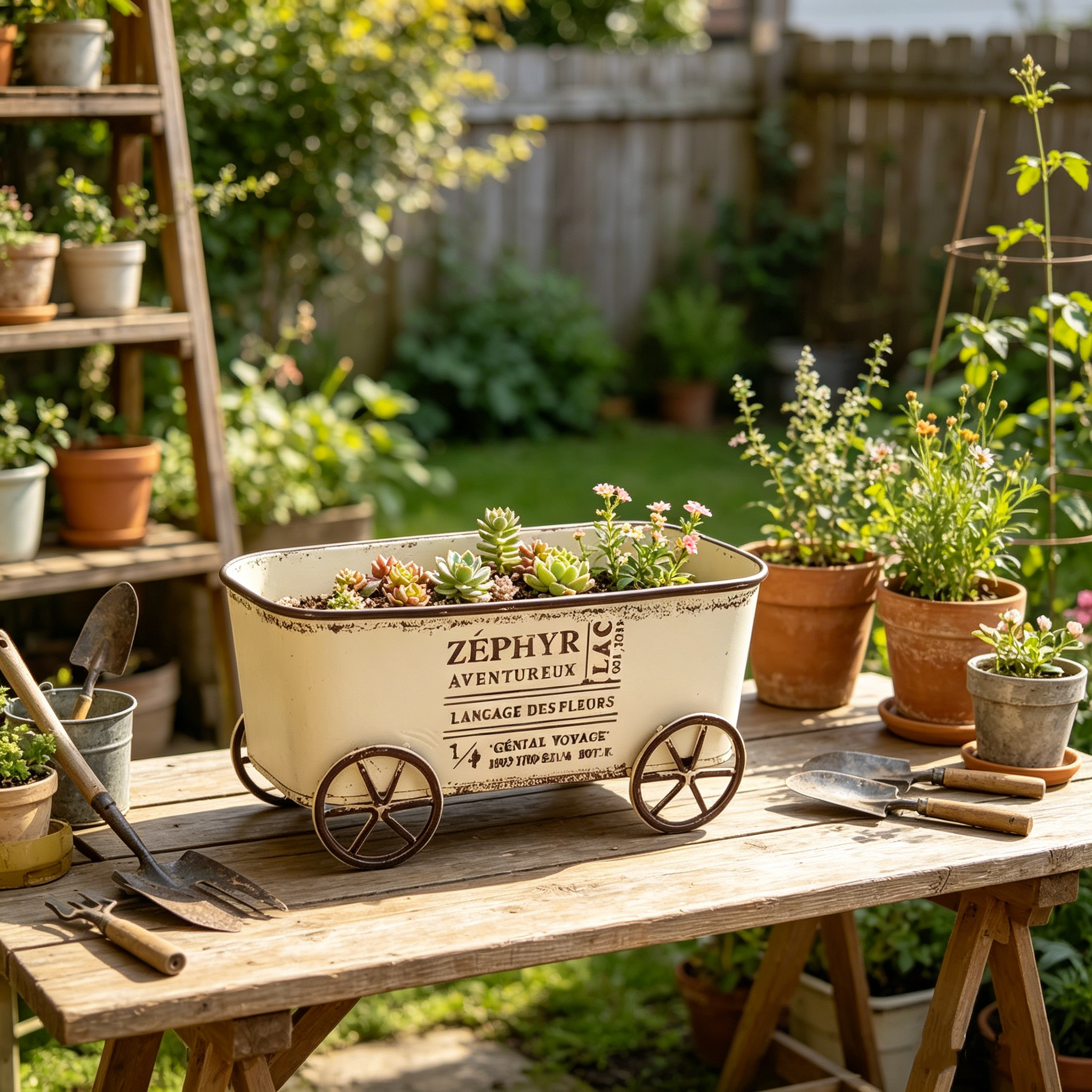 Retro Wrought Iron Four-Wheel Planter Cart