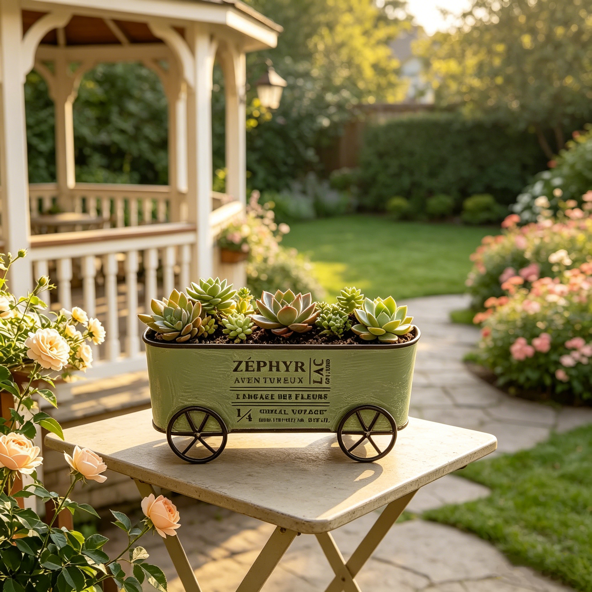 Retro Wrought Iron Four-Wheel Planter Cart