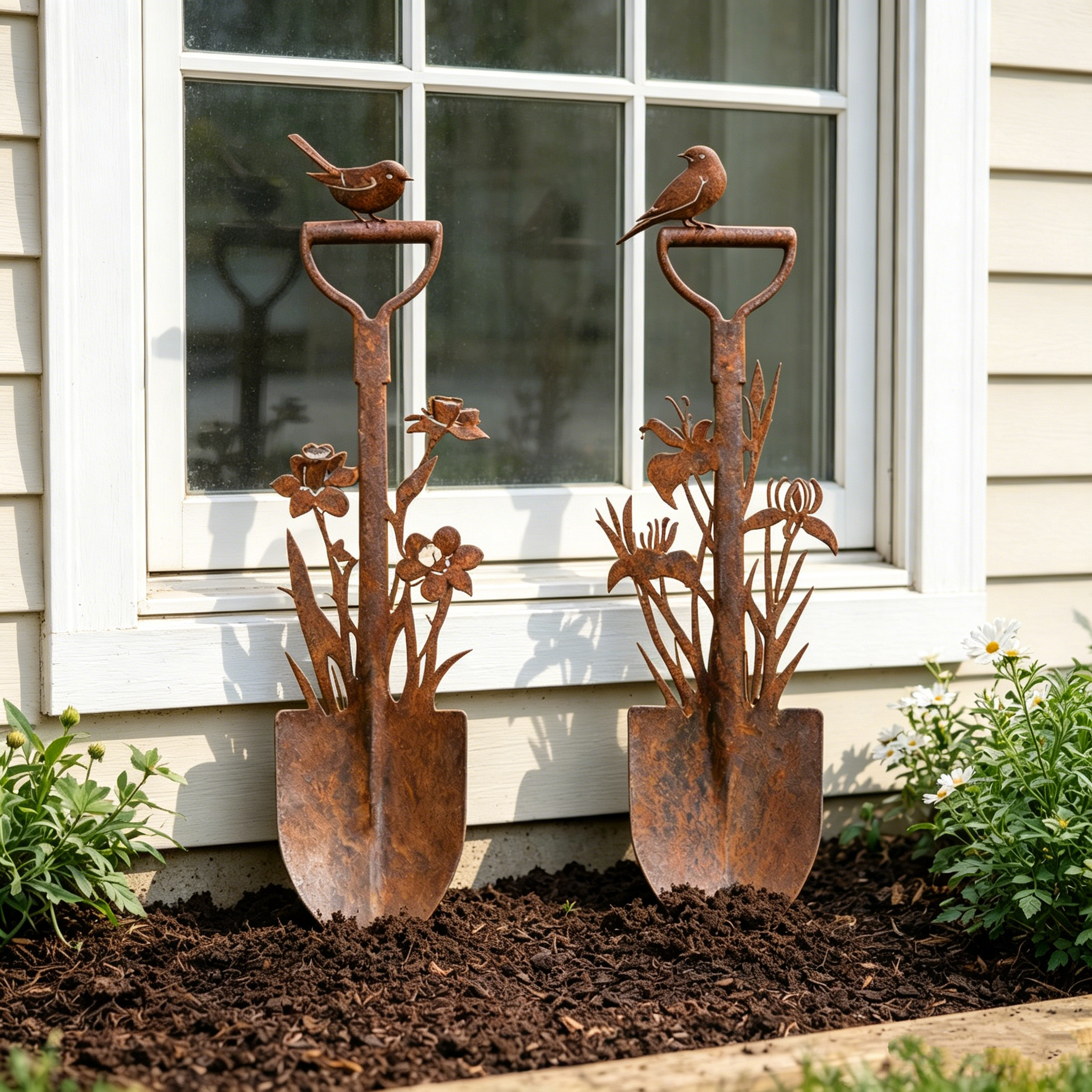 Vintage Metal Bird Pattern Garden Shovel Sticks