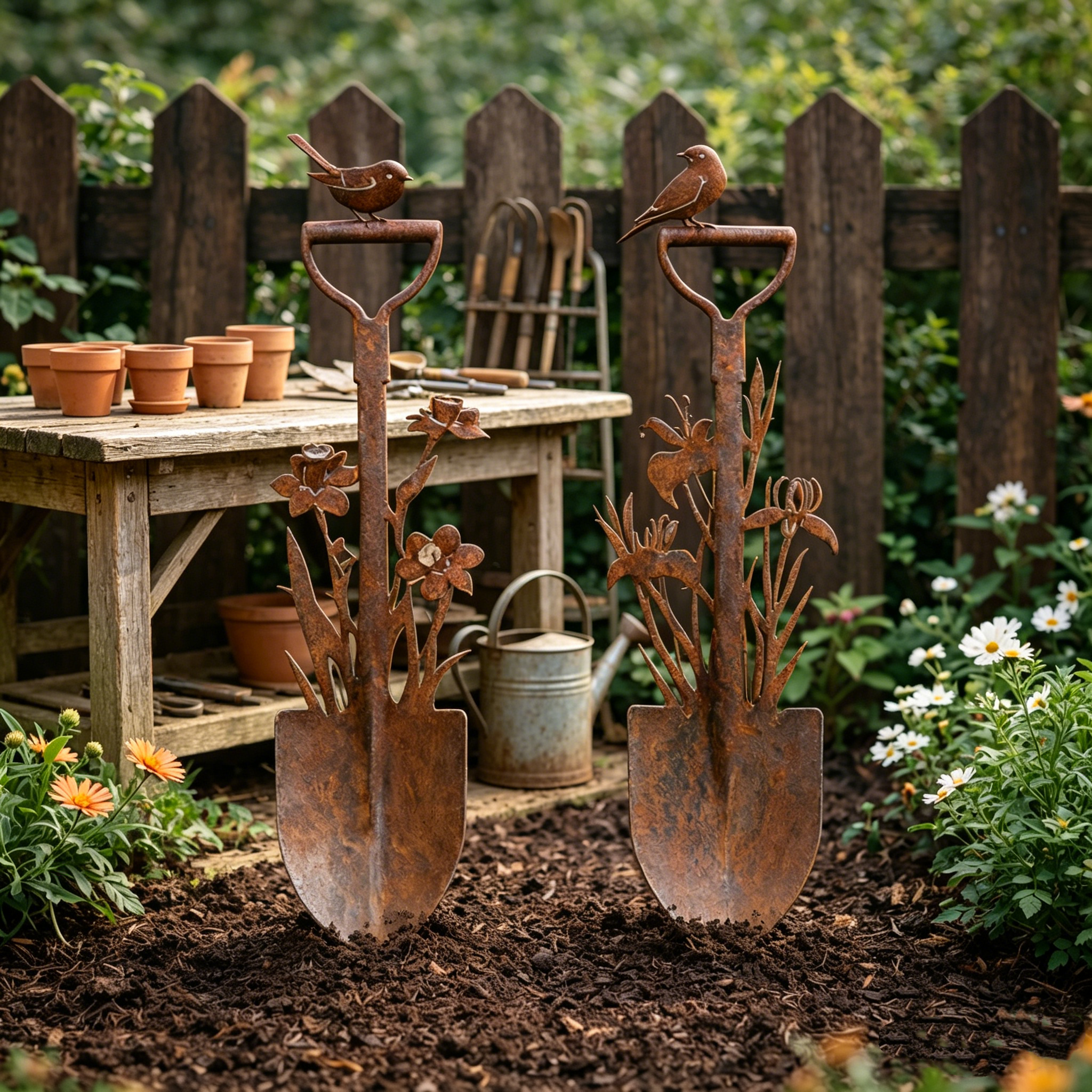 Vintage Metal Bird Pattern Garden Shovel Sticks
