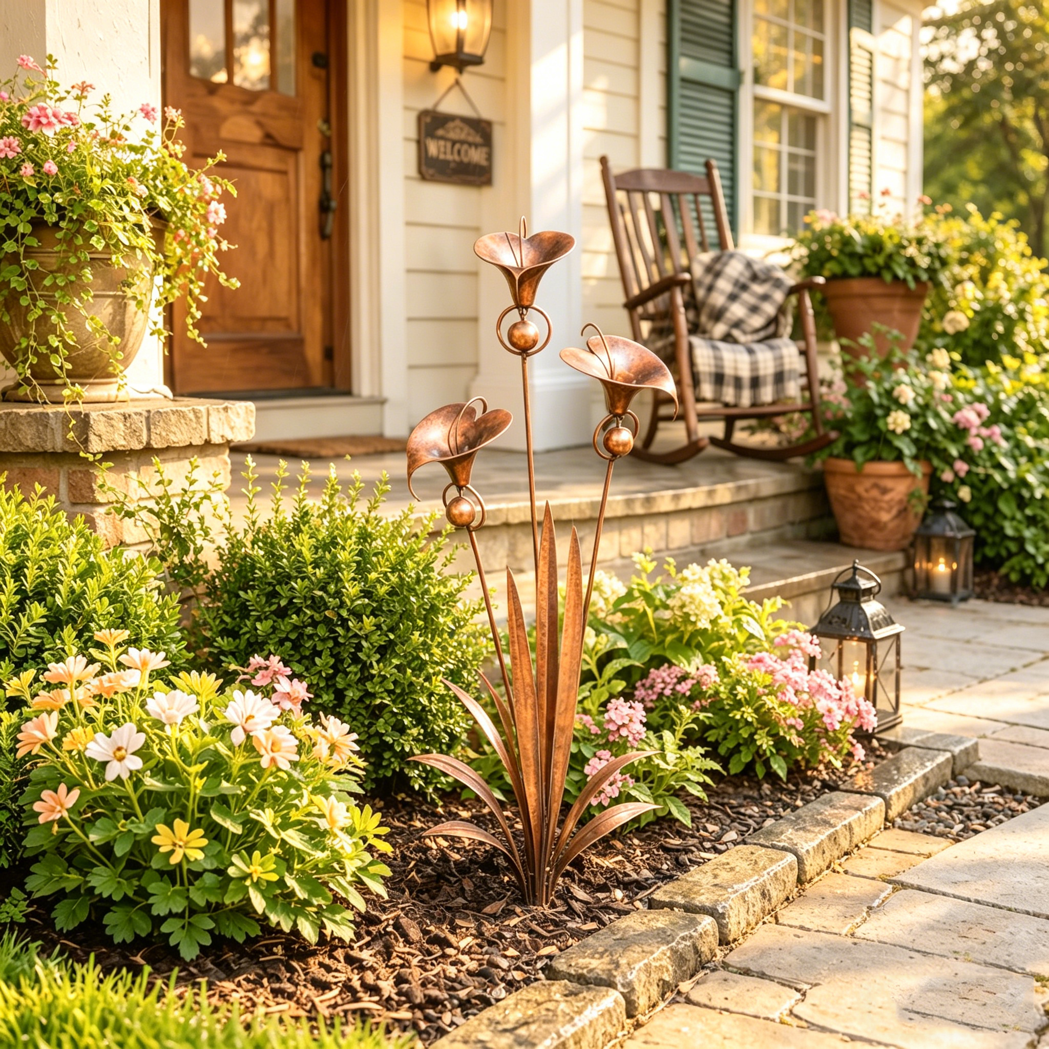 Flamed Copper Three Calla Lilies Garden Stake with Bells