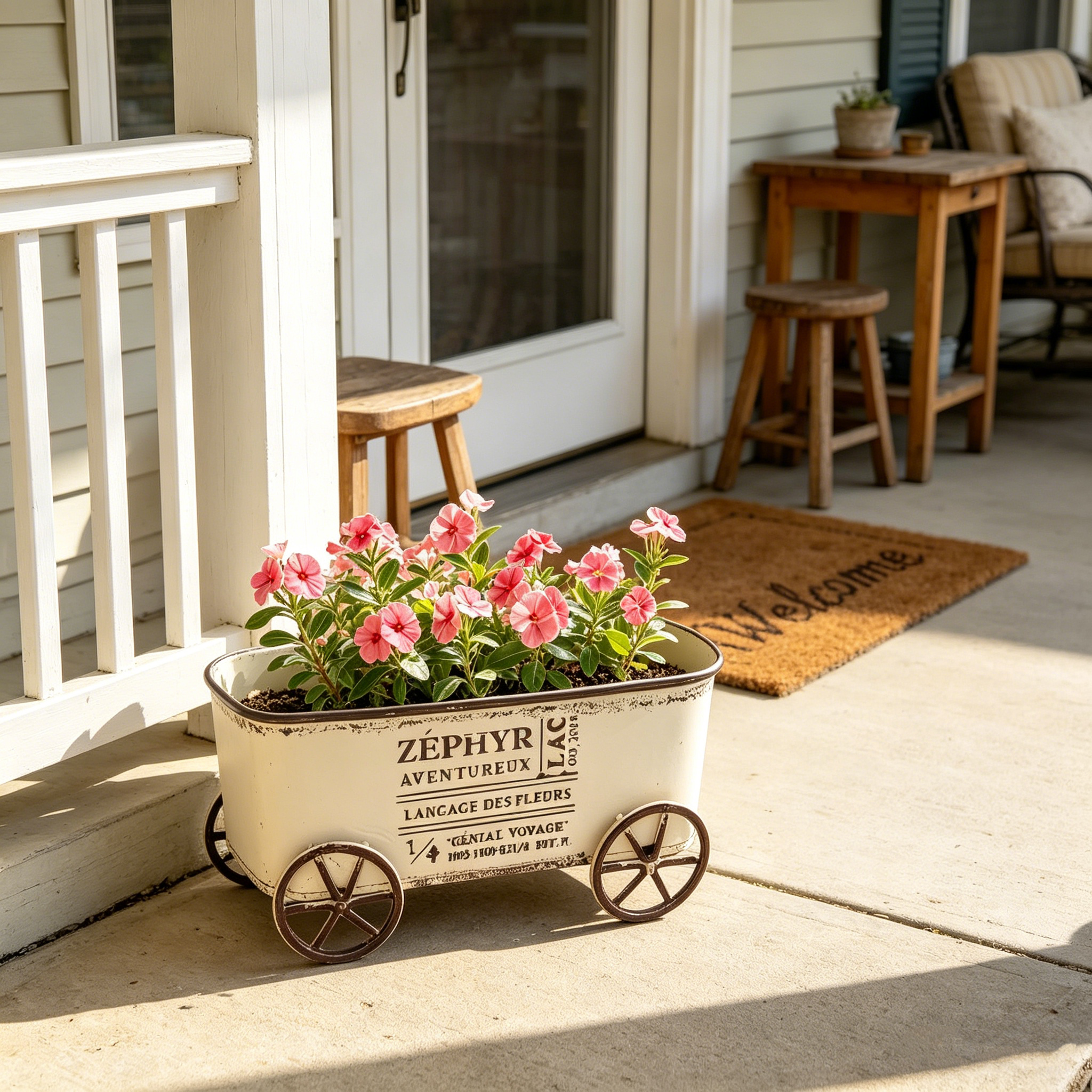 Retro Wrought Iron Four-Wheel Planter Cart