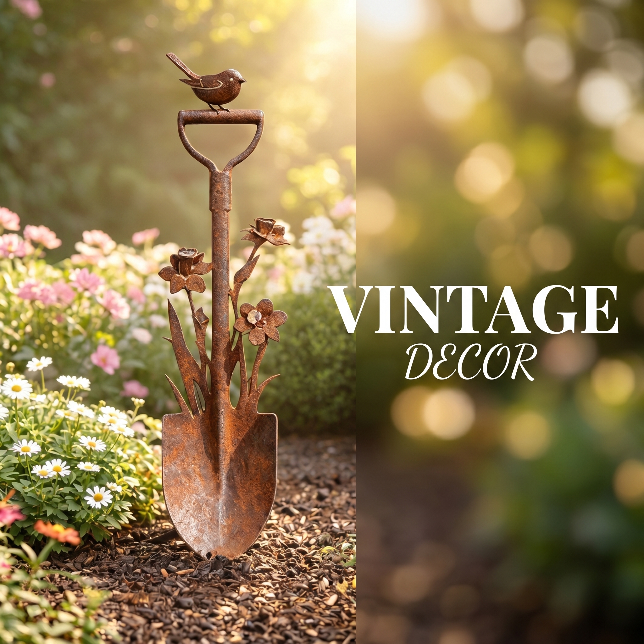 Vintage Metal Bird Pattern Garden Shovel Sticks
