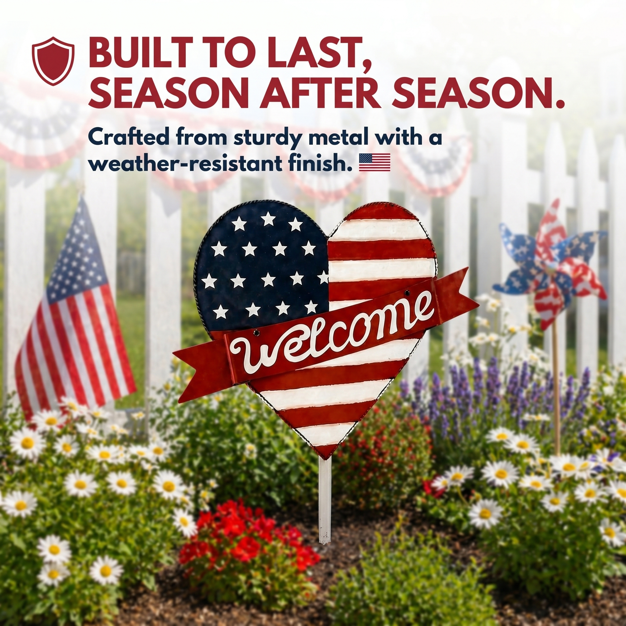 Patriotic American Metal Heart Garden Stake