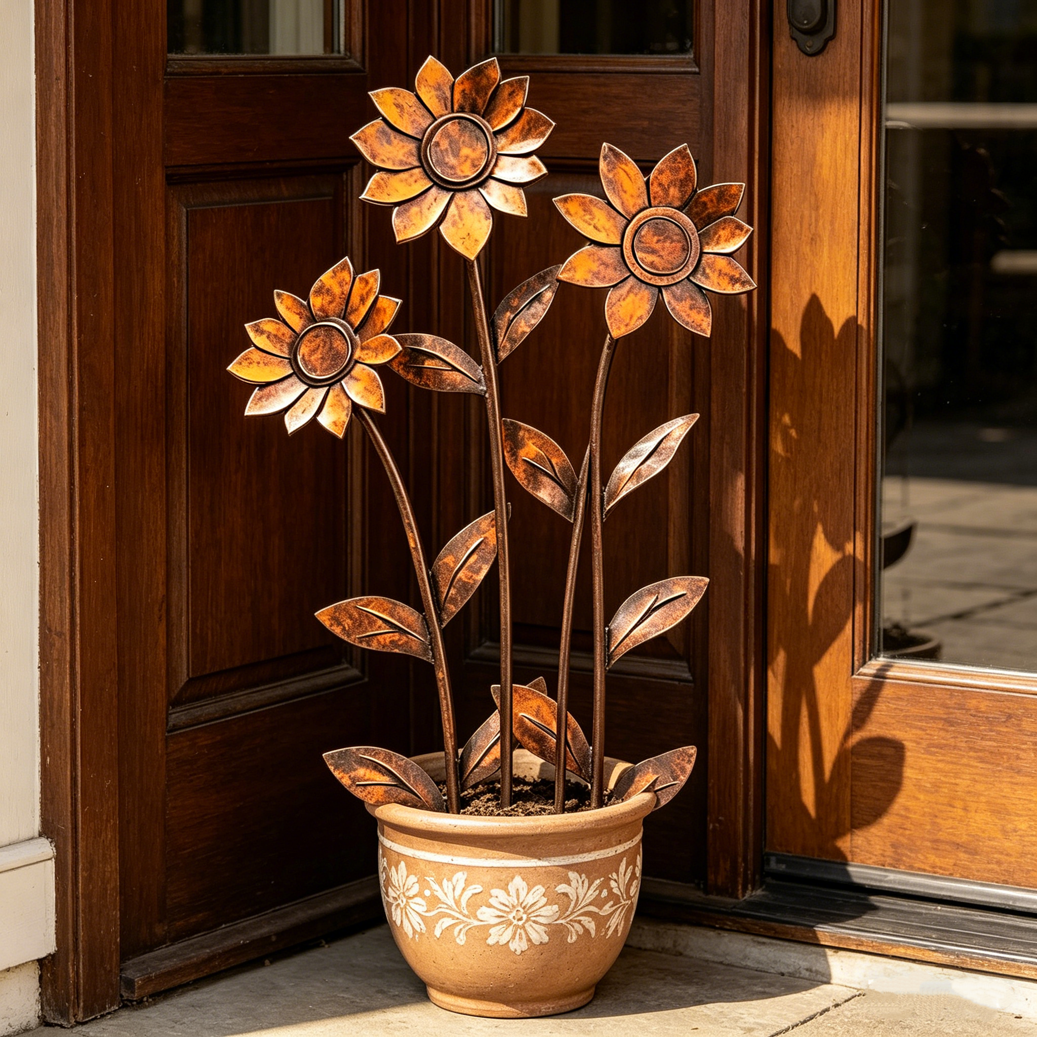 Triple Rustic Sunflower Metal Garden Sculpture – Garden Stake