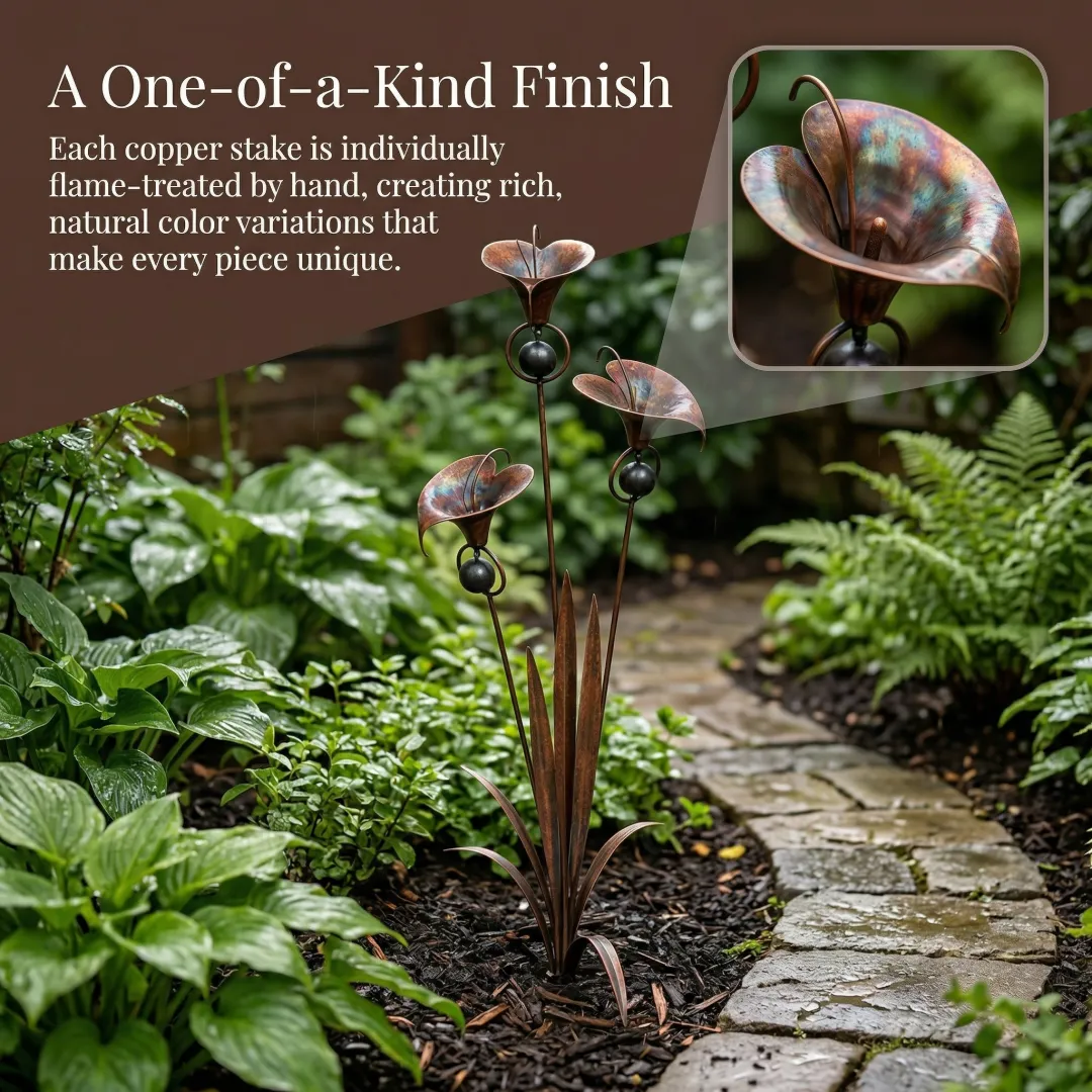 Flamed Copper Three Calla Lilies Garden Stake with Bells