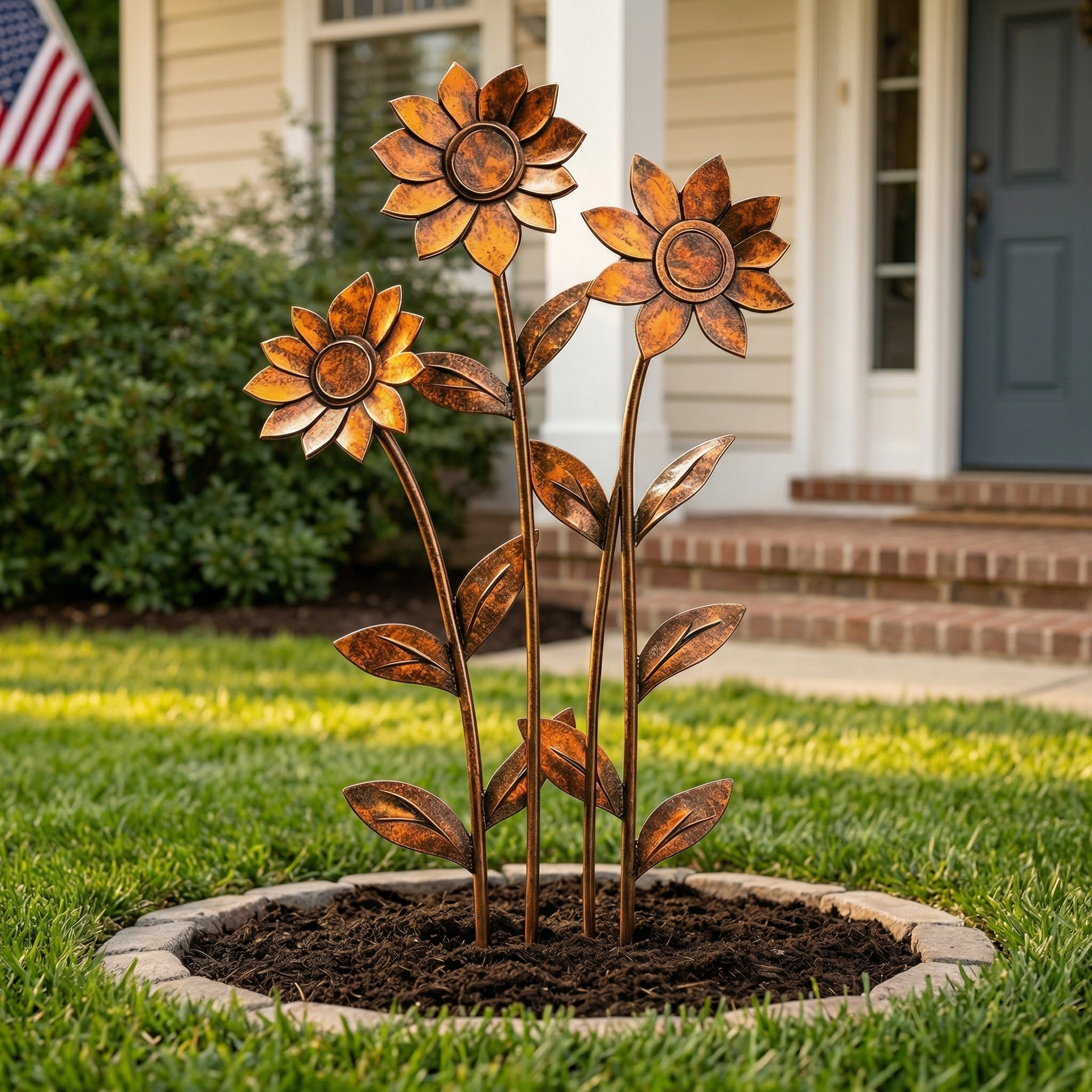 Triple Rustic Sunflower Metal Garden Sculpture – Garden Stake