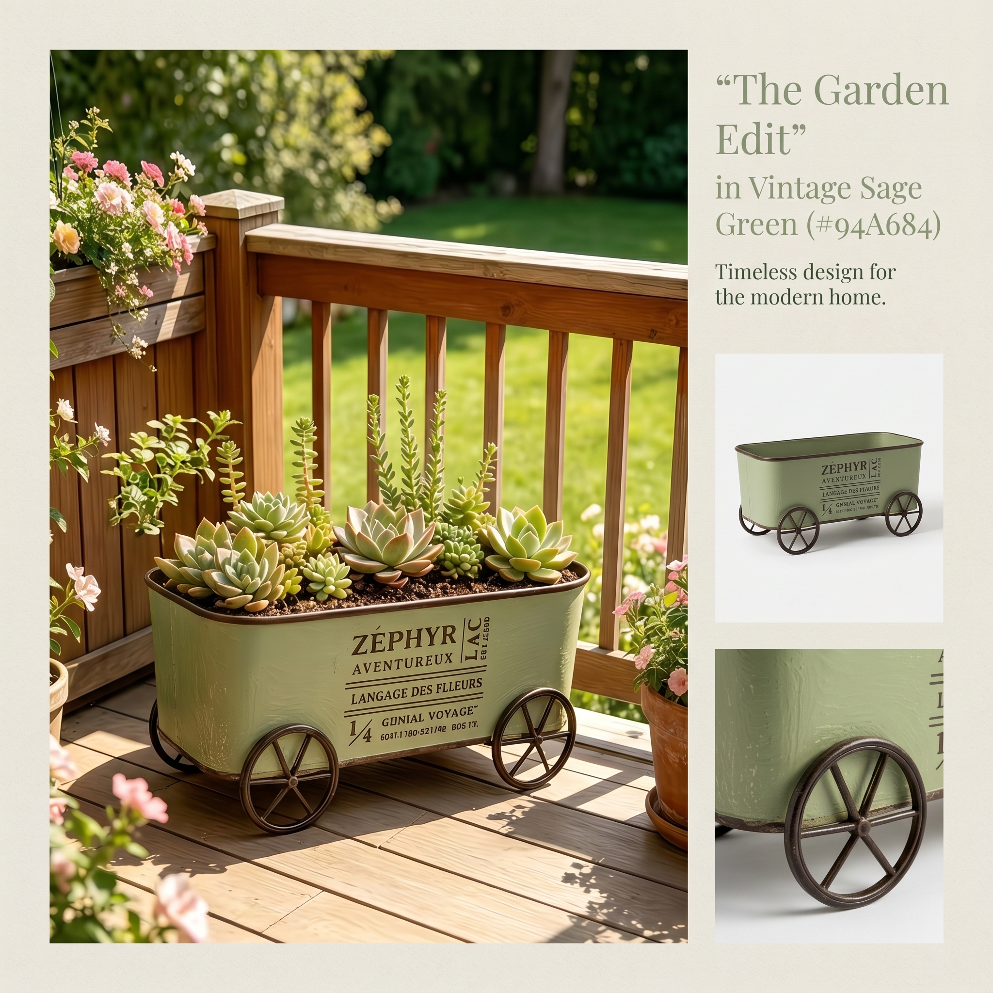 Retro Wrought Iron Four-Wheel Planter Cart