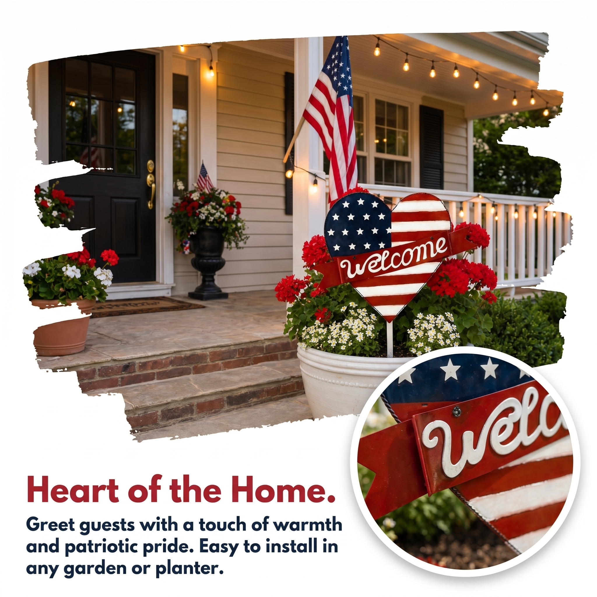 Patriotic American Metal Heart Garden Stake