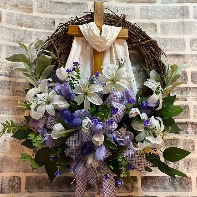 Easter Cross Floral Front Door Wreath
