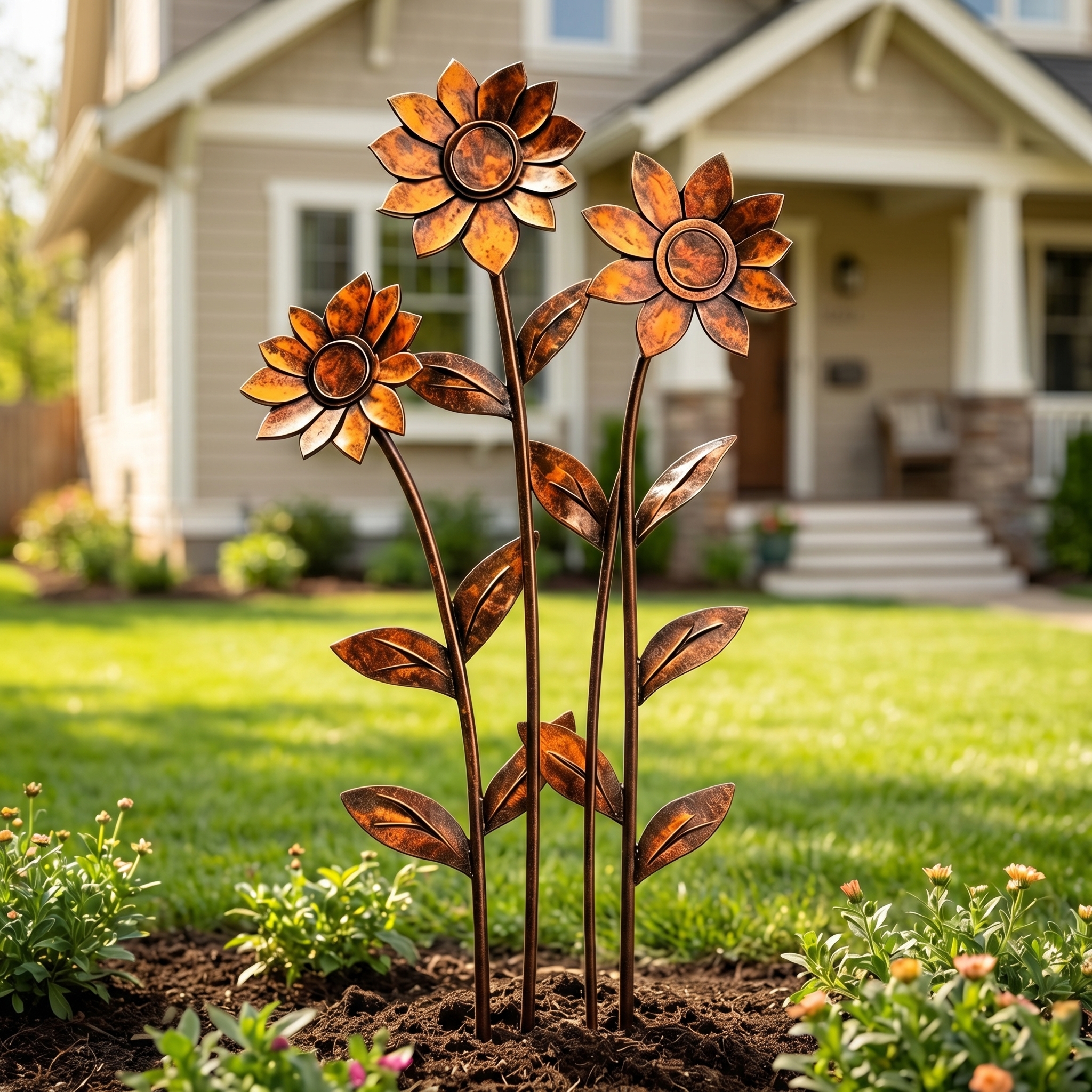 Triple Rustic Sunflower Metal Garden Sculpture – Garden Stake