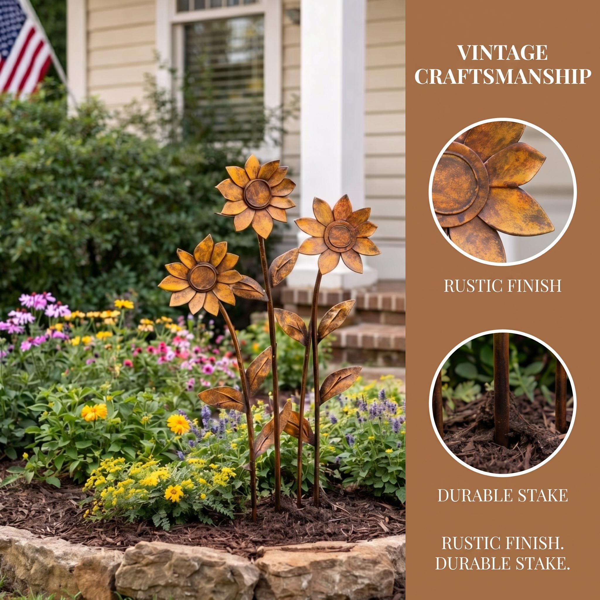 Triple Rustic Sunflower Metal Garden Sculpture – Garden Stake