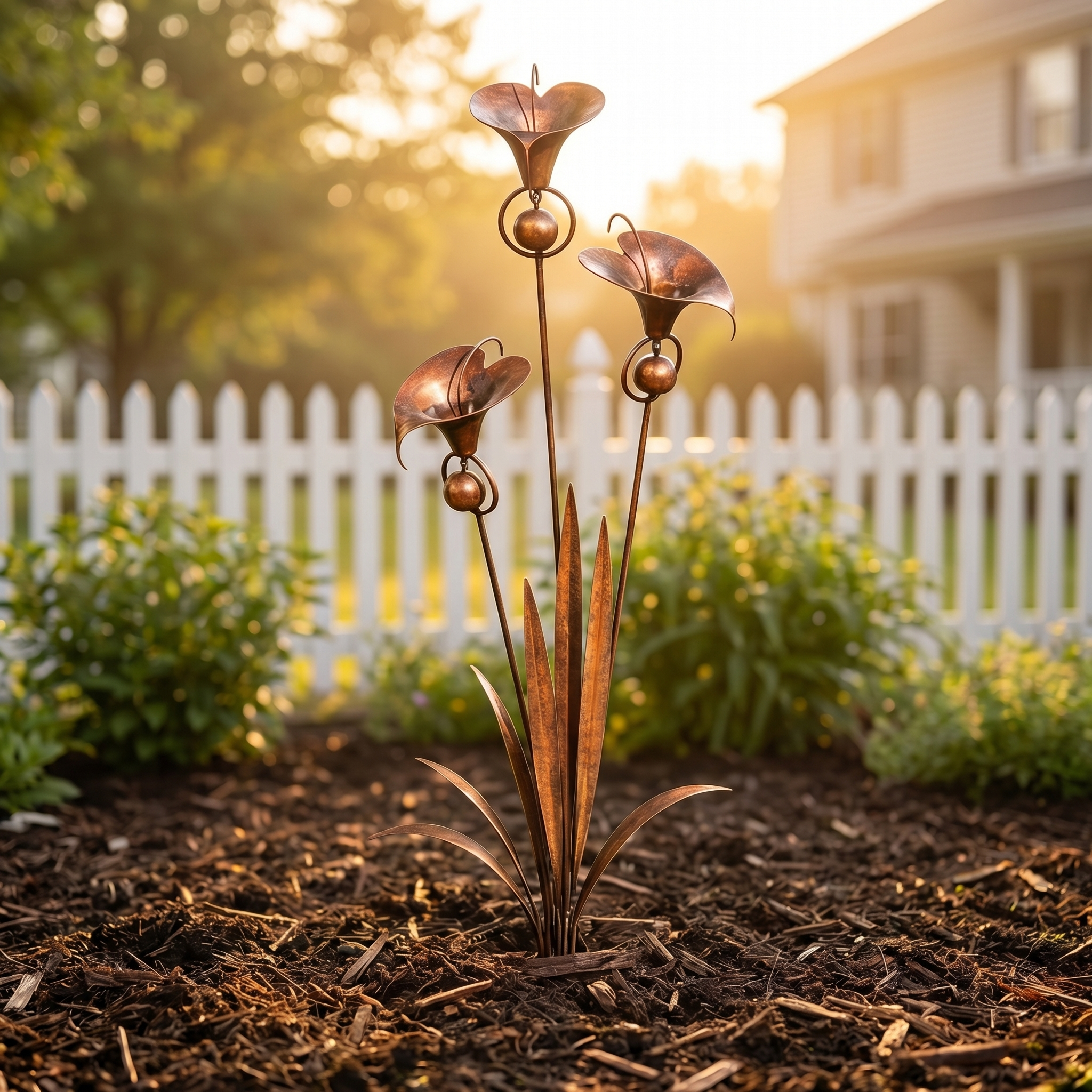 Flamed Copper Three Calla Lilies Garden Stake with Bells