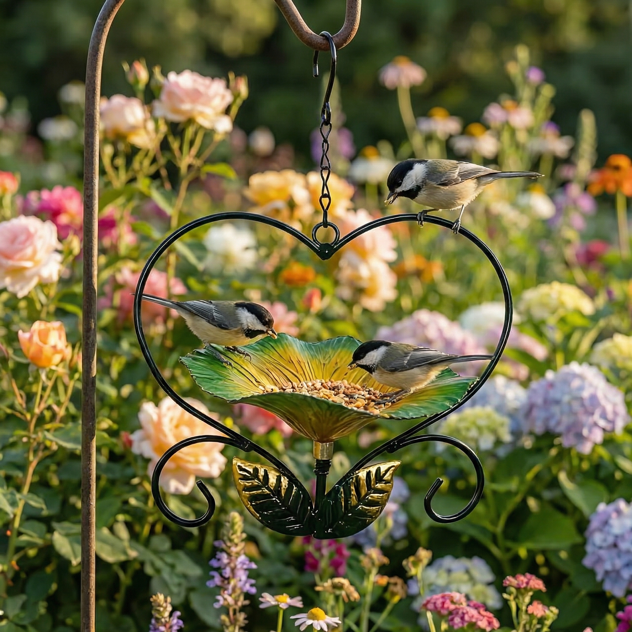 Heart-Shaped Flower Wrought Iron Bird Feeder