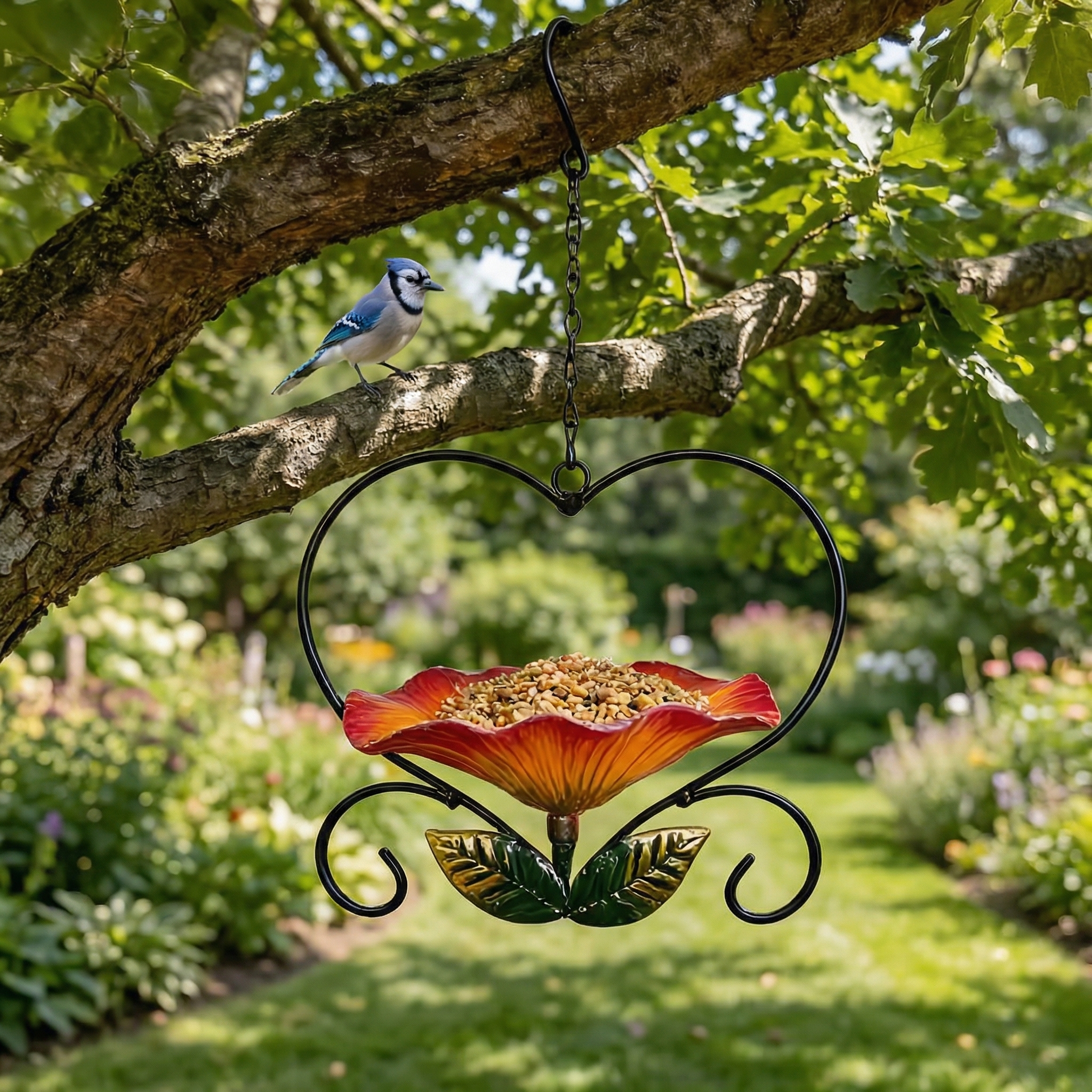 Heart-Shaped Flower Wrought Iron Bird Feeder