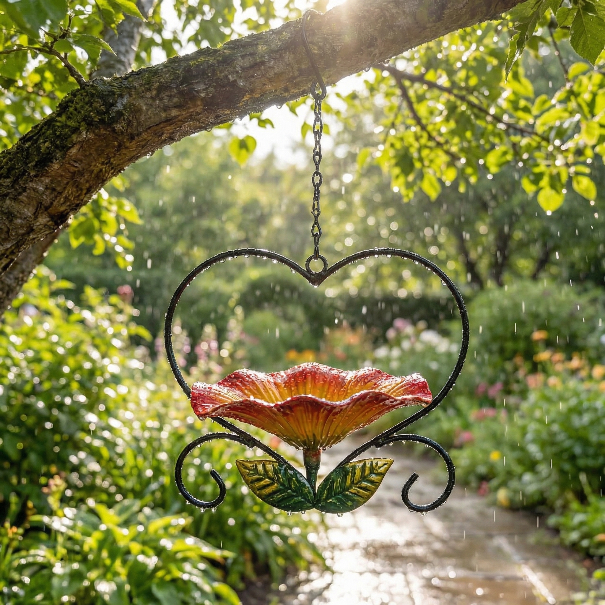 Heart-Shaped Flower Wrought Iron Bird Feeder