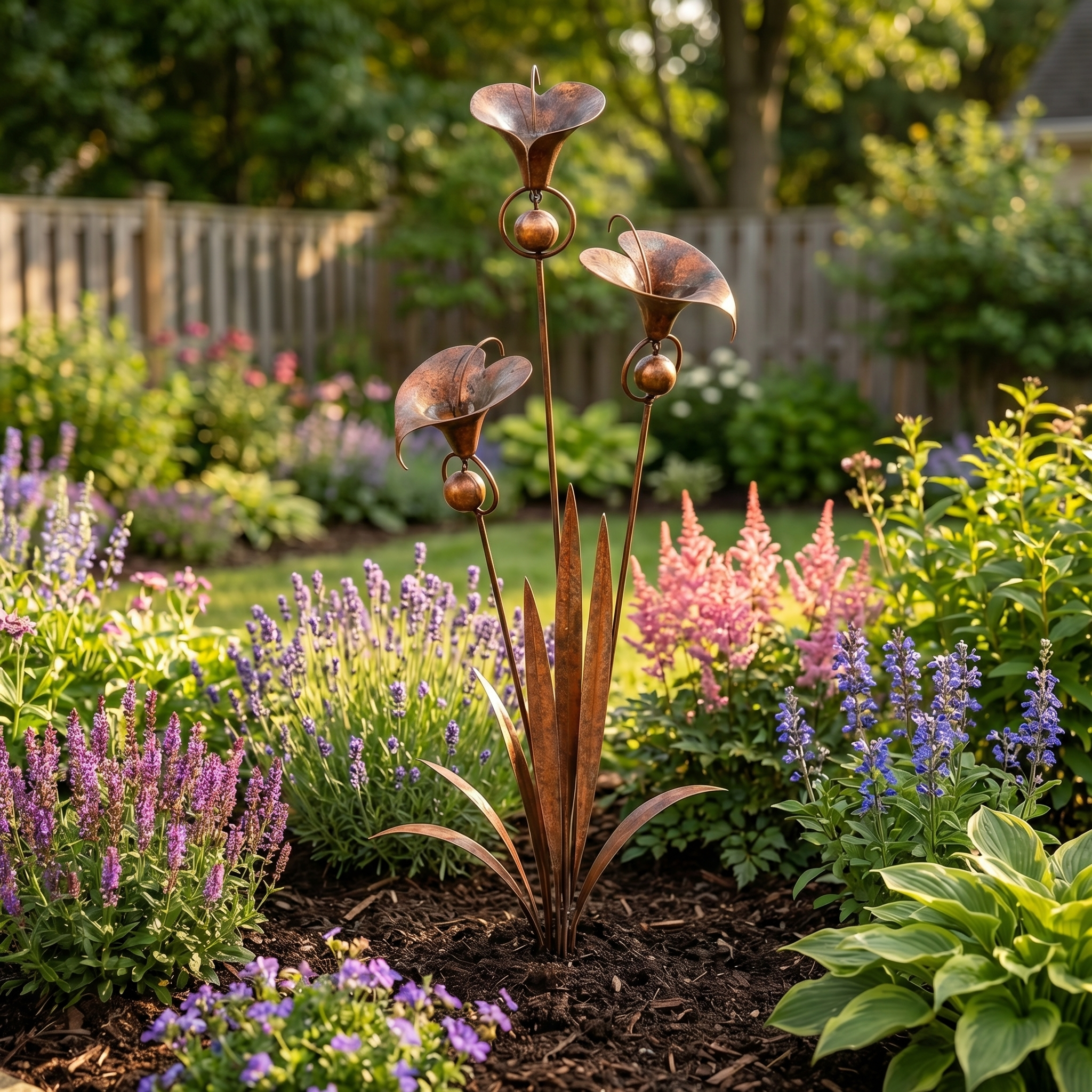 Flamed Copper Three Calla Lilies Garden Stake with Bells