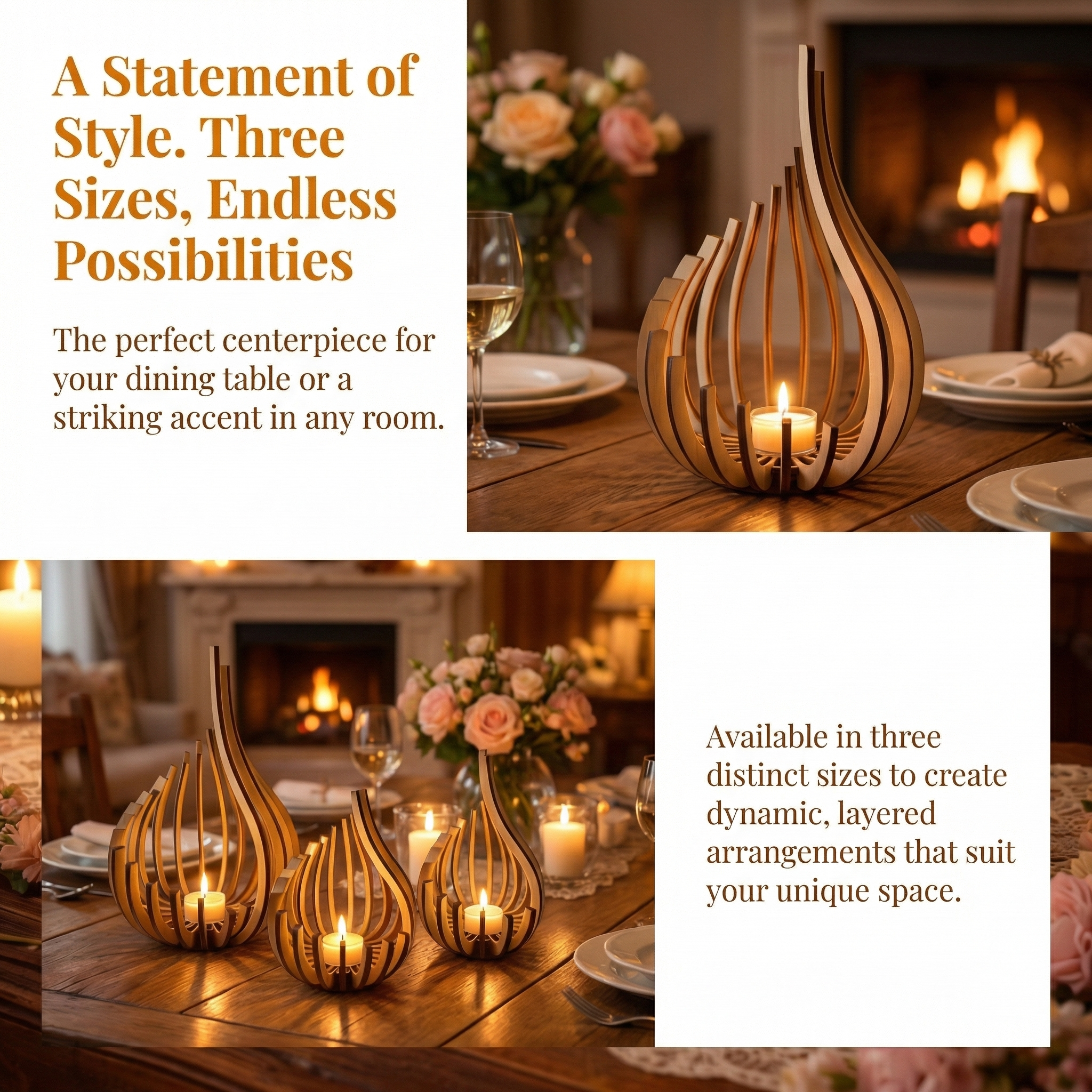 Set of 3 Elegant Wooden Candle Holder