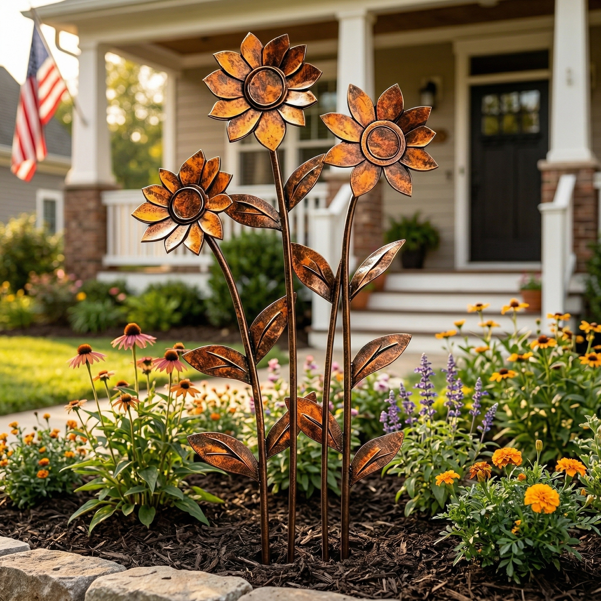 Triple Rustic Sunflower Metal Garden Sculpture – Garden Stake