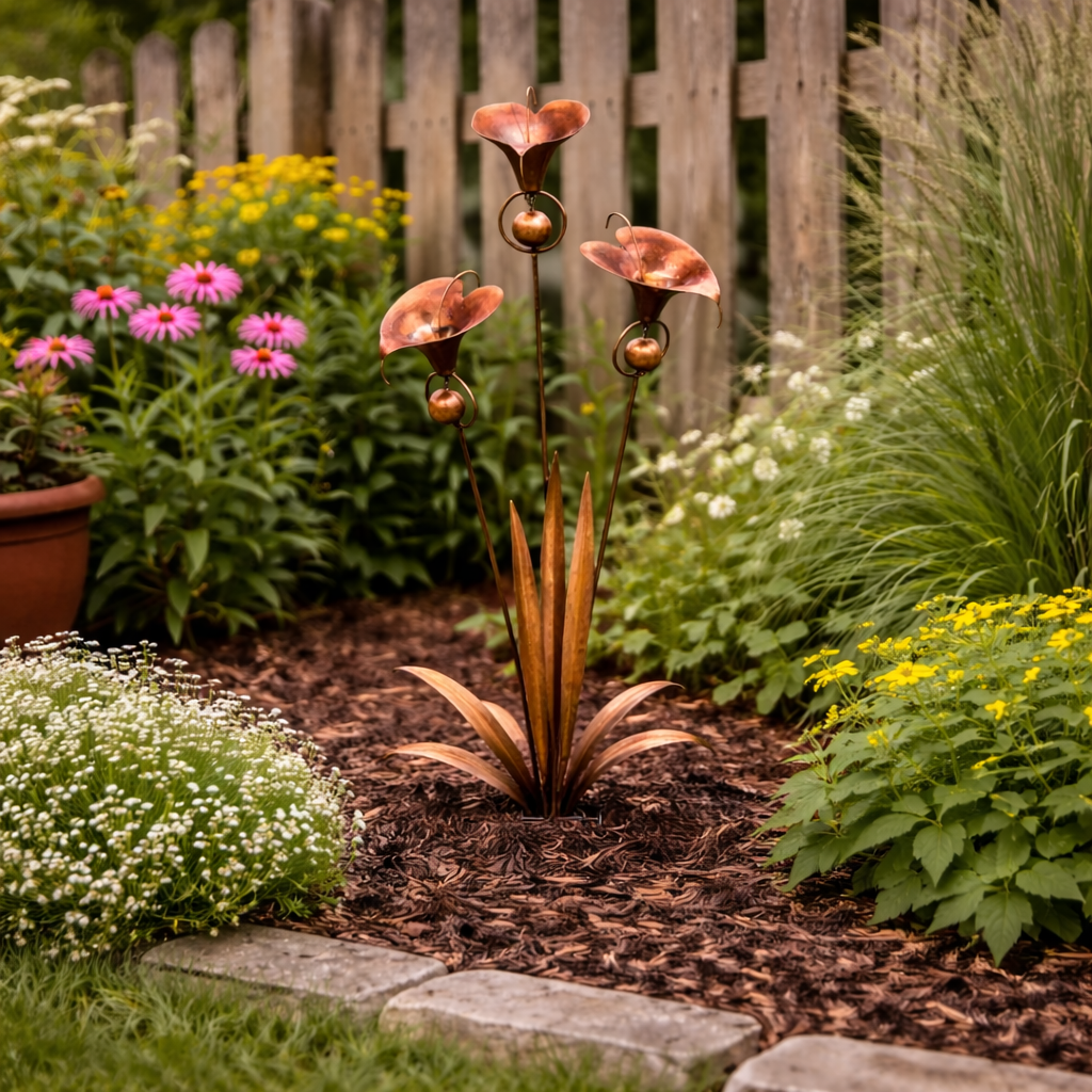 Flamed Copper Three Calla Lilies Garden Stake with Bells
