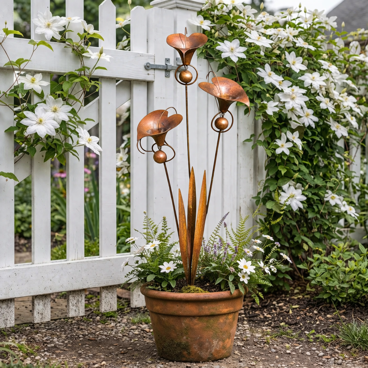 Flamed Copper Three Calla Lilies Garden Stake with Bells