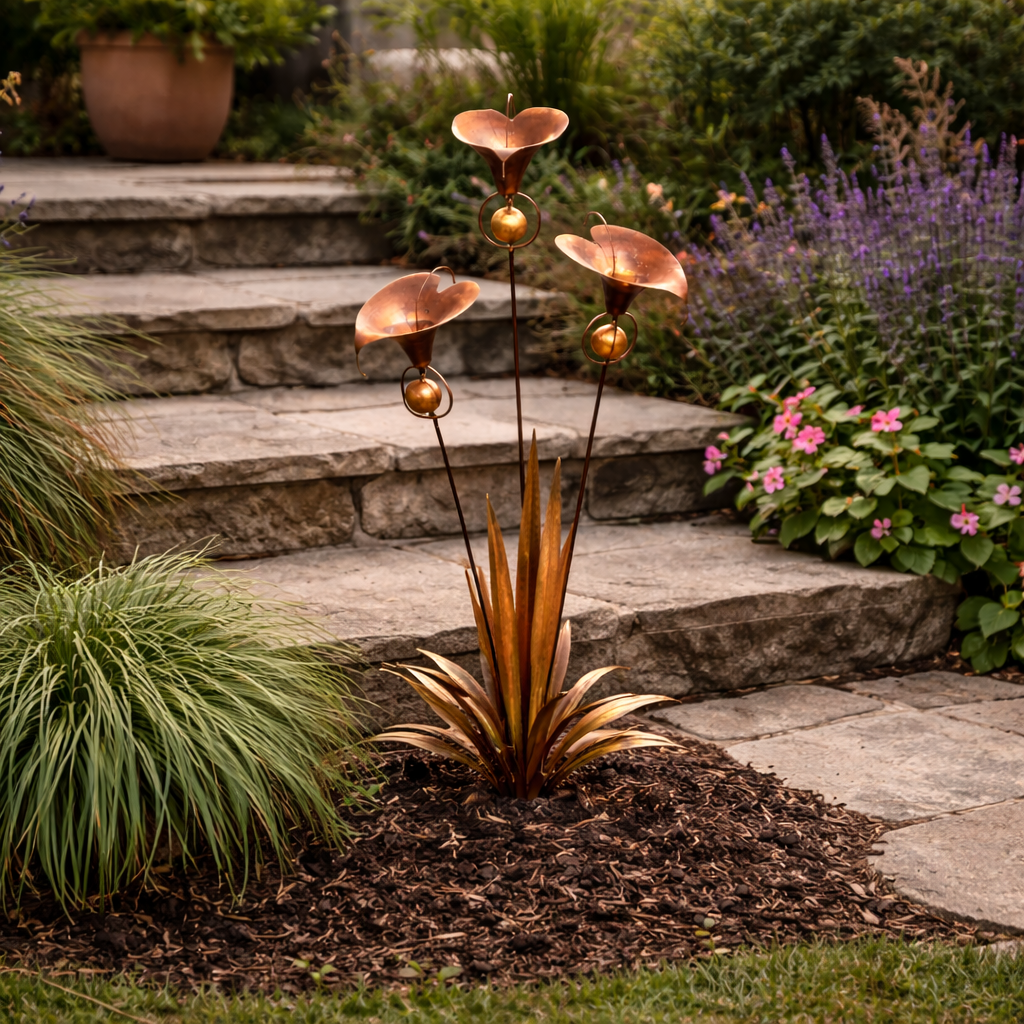 Flamed Copper Three Calla Lilies Garden Stake with Bells