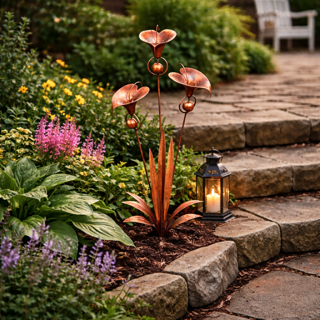 Flamed Copper Three Calla Lilies Garden Stake with Bells